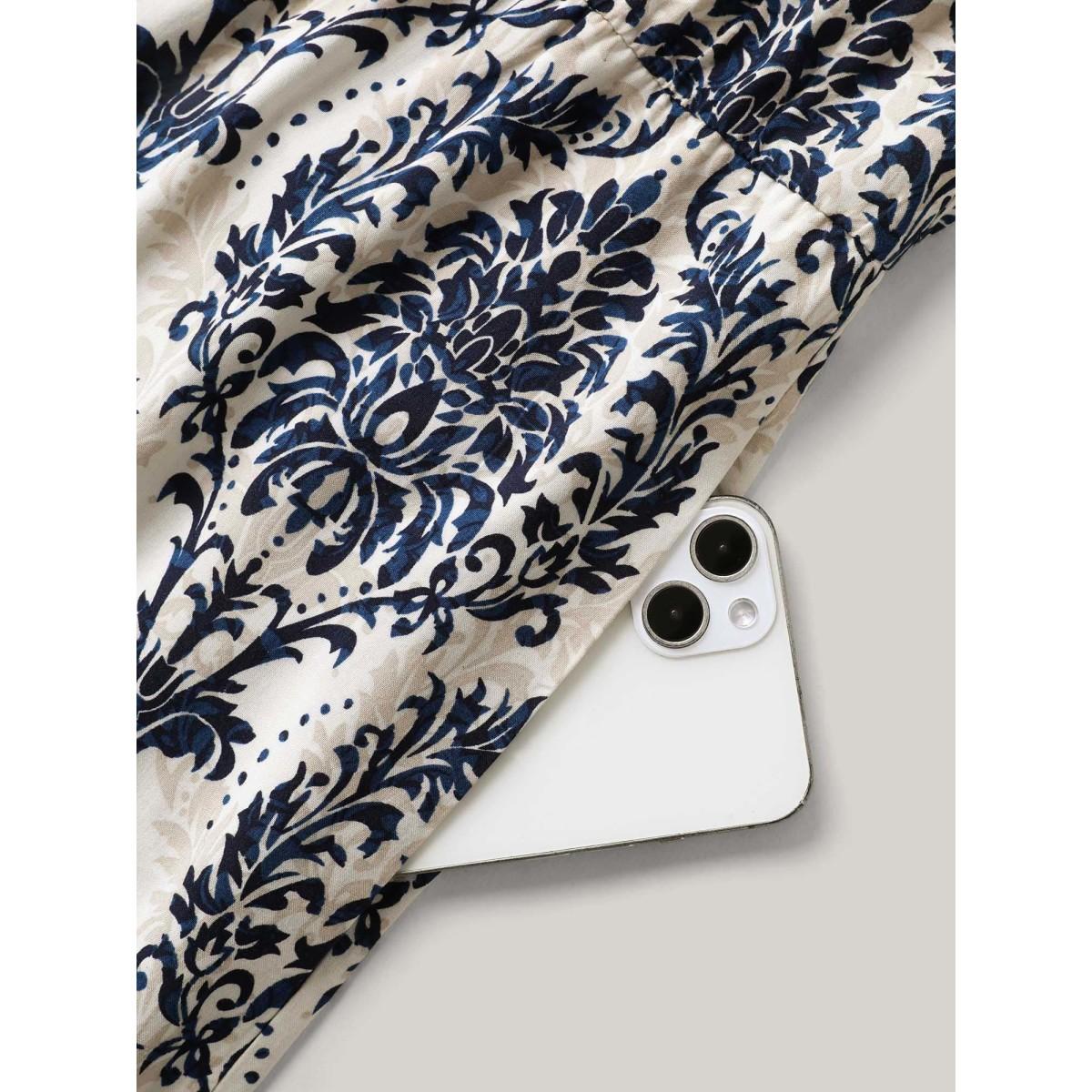 Plus Size DarkBlue Rayon Damask Print Stretchy Waist Jumpsuit Women Boho Sleeveless Halter neck Vacation Loose Jumpsuits BloomChic 10/M Product Image