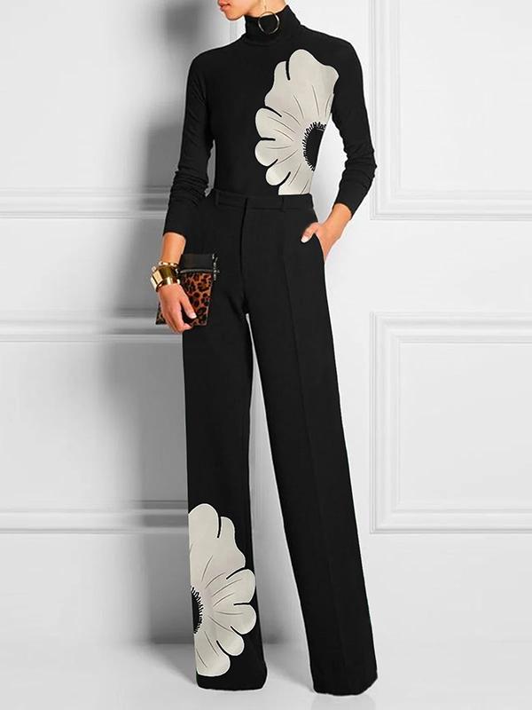 High Waisted Straight Leg Asymmetric Floral Printed Split-Joint Suit Pants Product Image