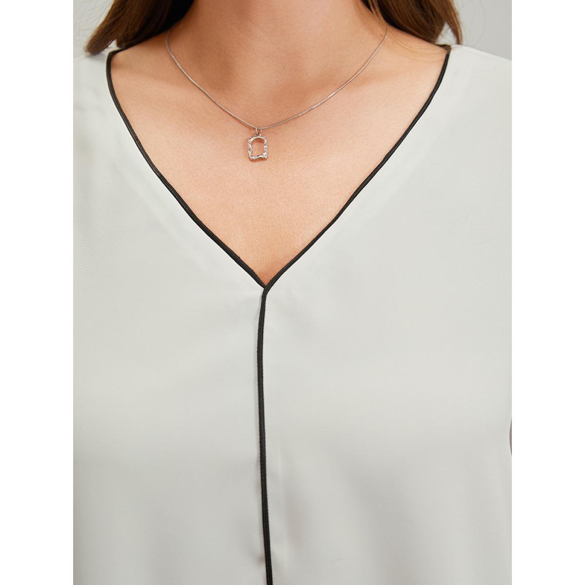 Plus Size Ivory Contrast Trim Knot High Low Hem Blouse Women Office Short sleeve V-neck Office Blouses BloomChic 10/M Product Image