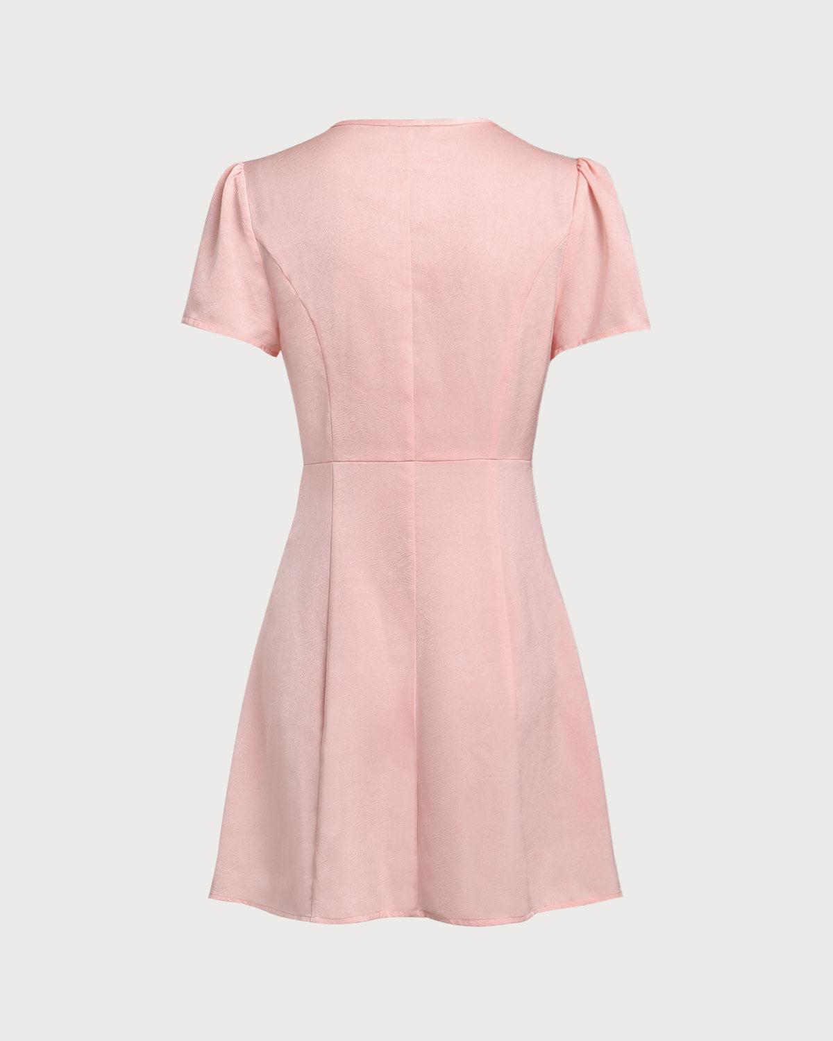 Pink V Neck Button Mini Dress Product Image