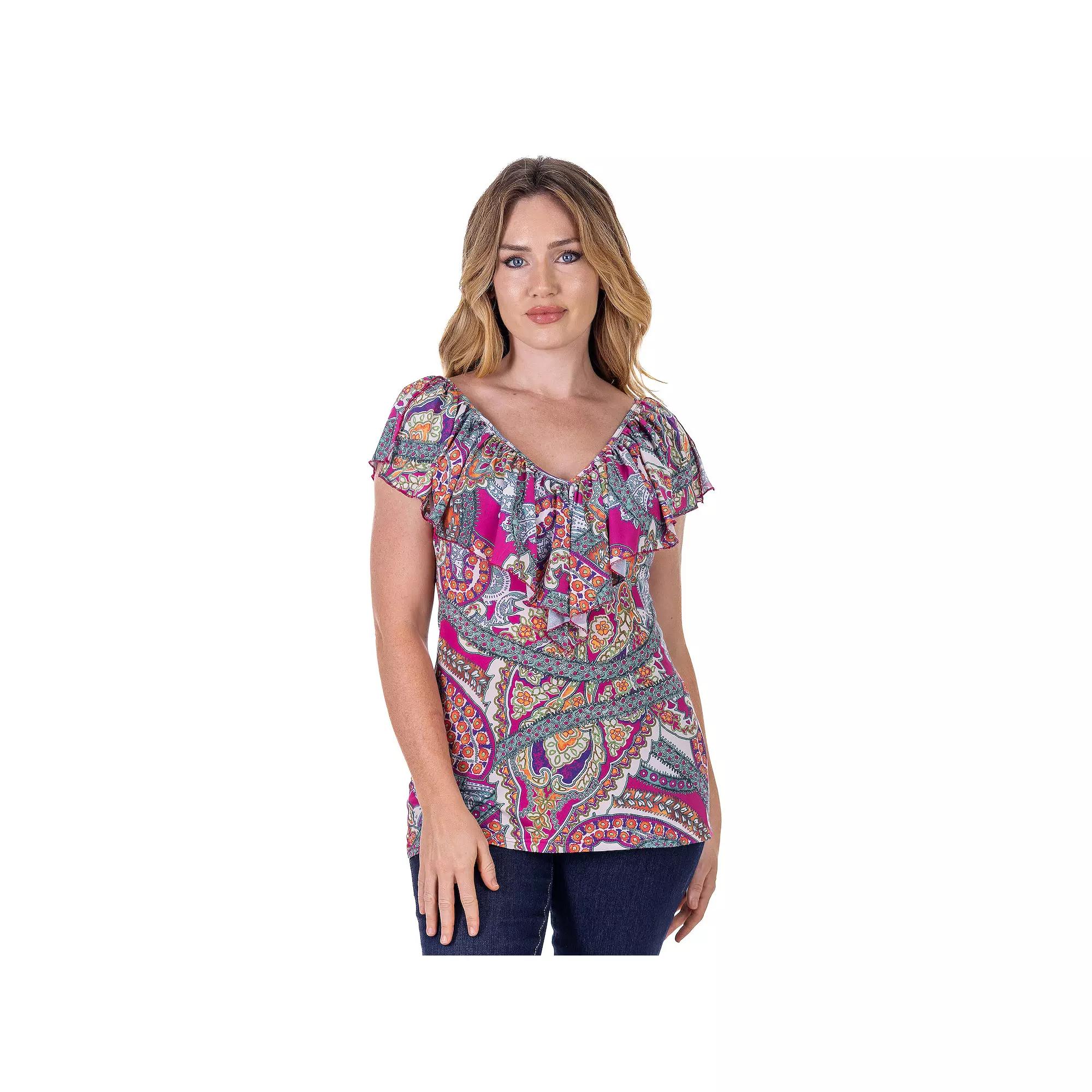 Women's 24Seven Comfort Apparel Paisley Print Ruffle V Neck Top,  Product Image