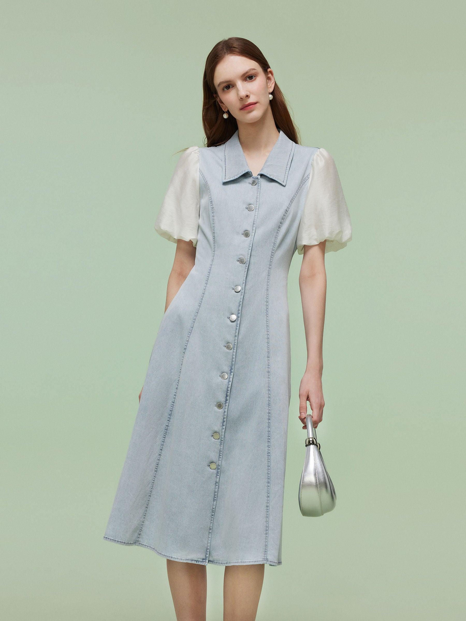 Denim Patchwork Women Puff-sleeved Midi Dress Product Image