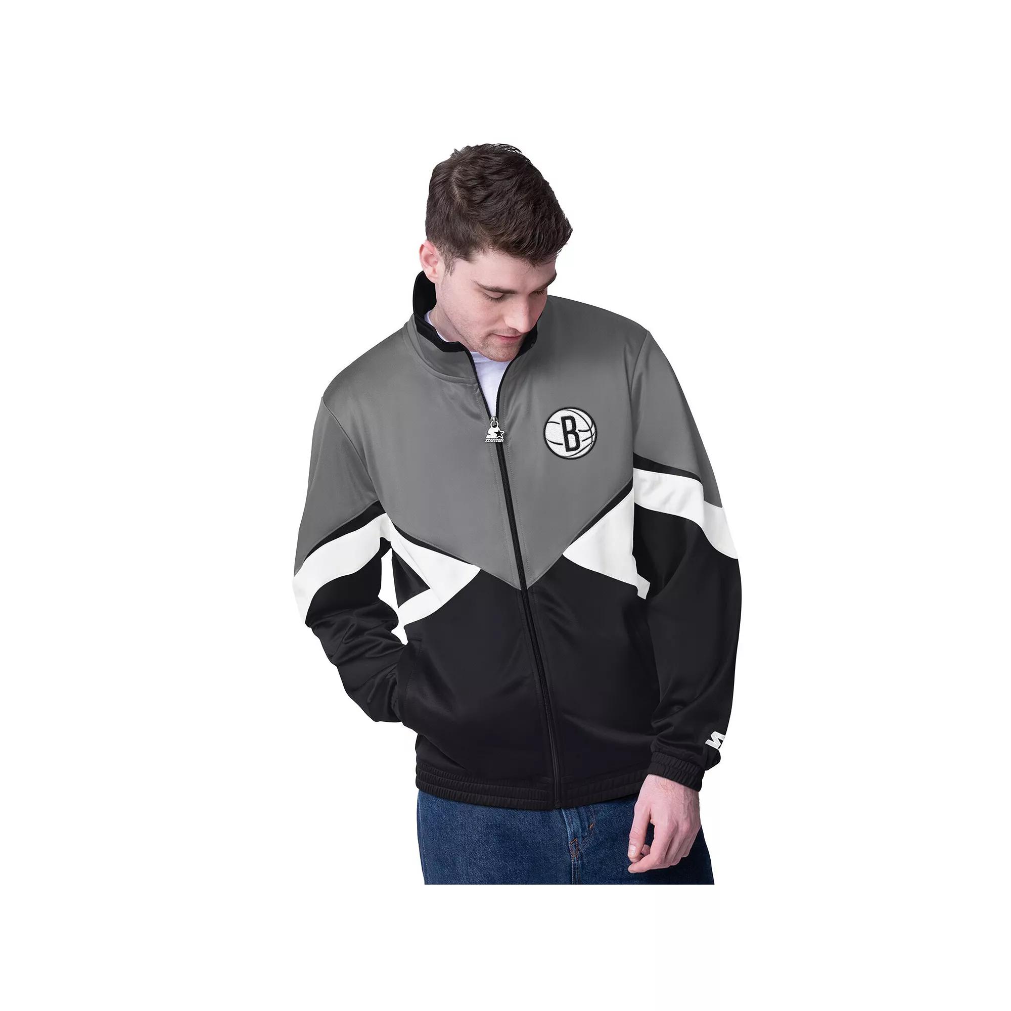 Men's Starter Gray/Black Brooklyn Nets Rush Applique Full-Zip Track Jacket, Size: 2XL, Grey Product Image