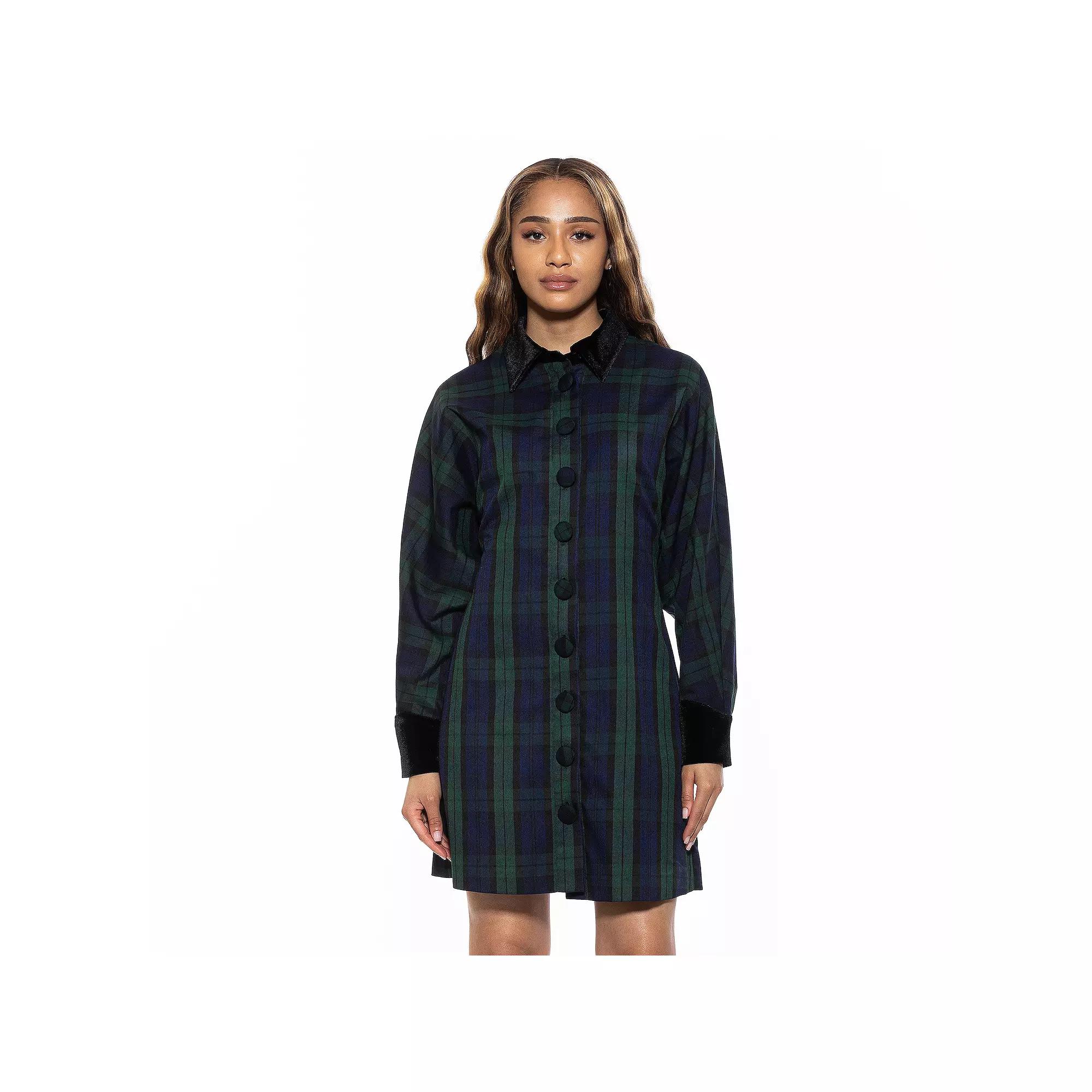 Women's ALEXIA ADMOR Velvette Plaid Dolman Button Down Shirt Dress,  Product Image