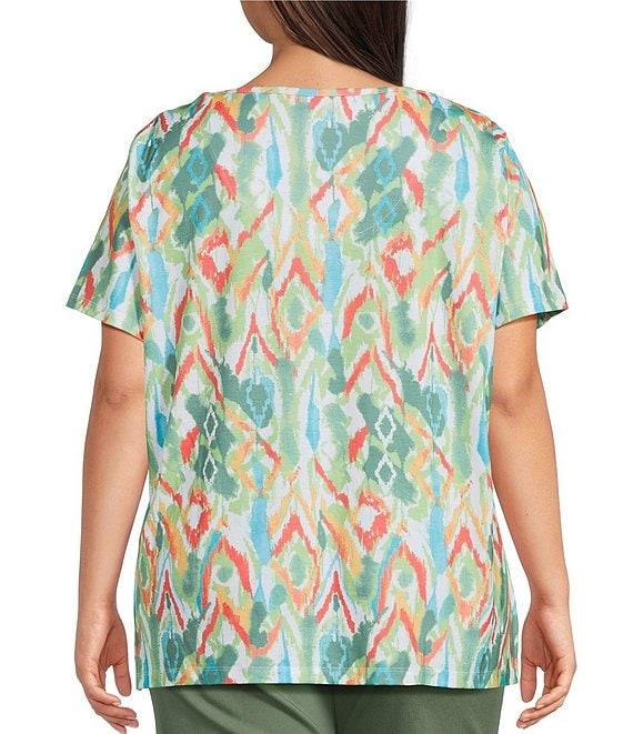 Allison Daley Plus Size Natural Ikat Print Short Sleeve Criss-Cross Keyhole Neck Short Sleeve Jersey Knit Top Product Image