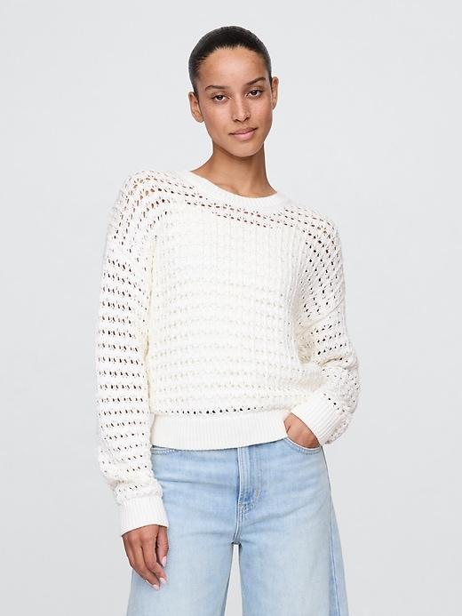 100% Cotton Crochet Crewneck Sweater Product Image