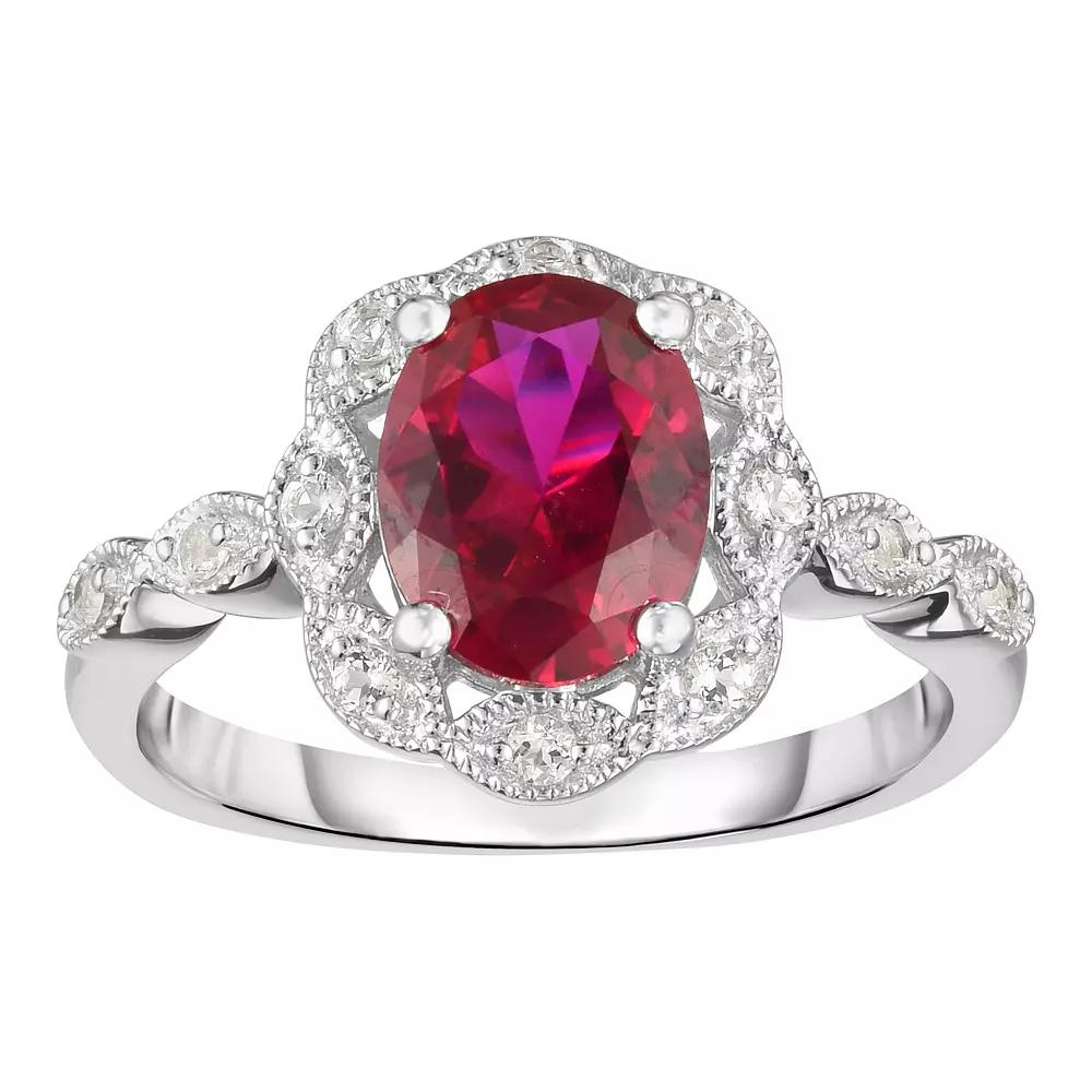 Sterling Silver Lab-Created Gemstone & White Topaz Frame Ring, Women's, Size: 7, Created Red Product Image