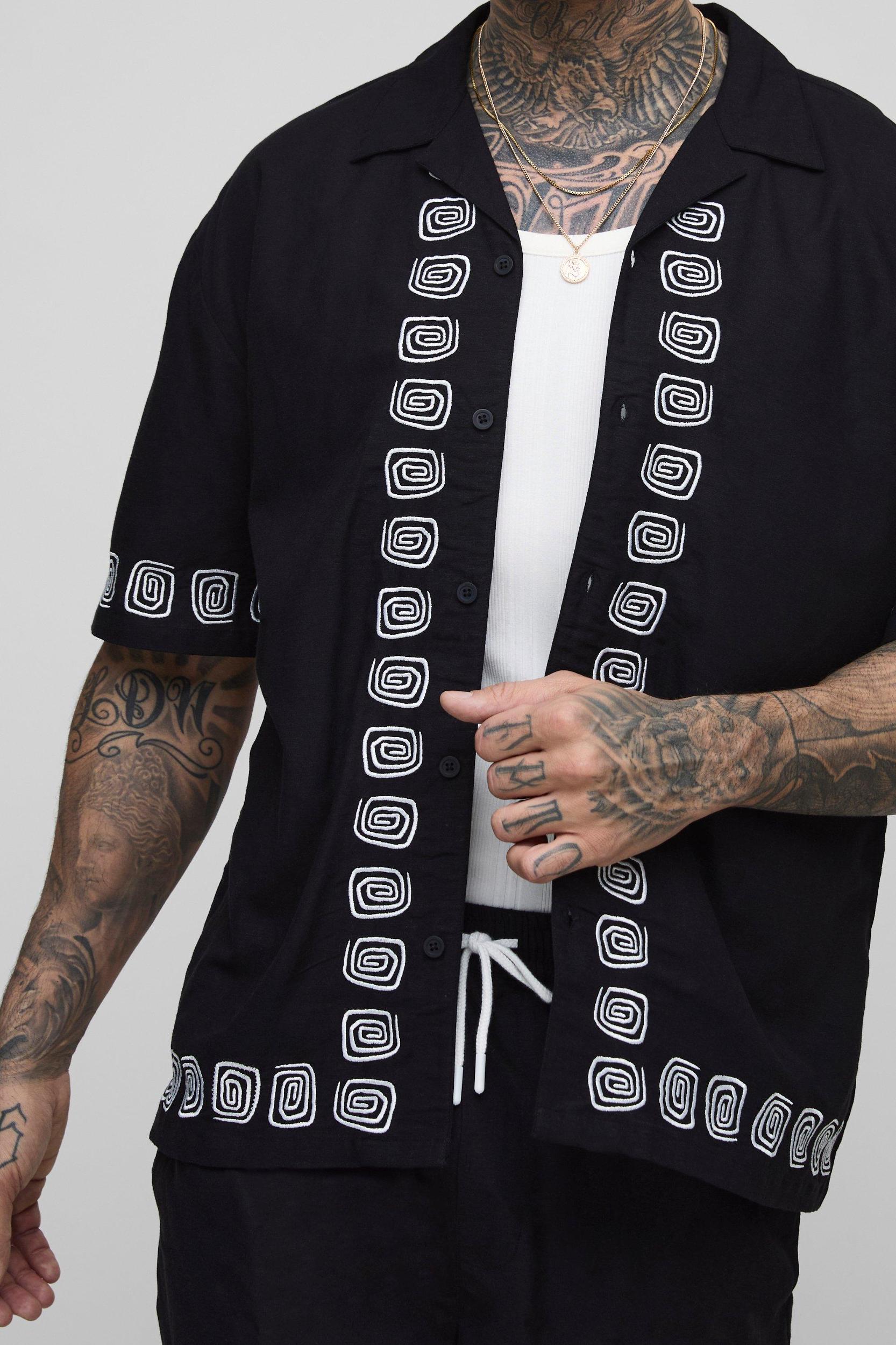 Tall Oversized Embroidery Linen Blend Shirt & Short Set | boohooMAN USA Product Image