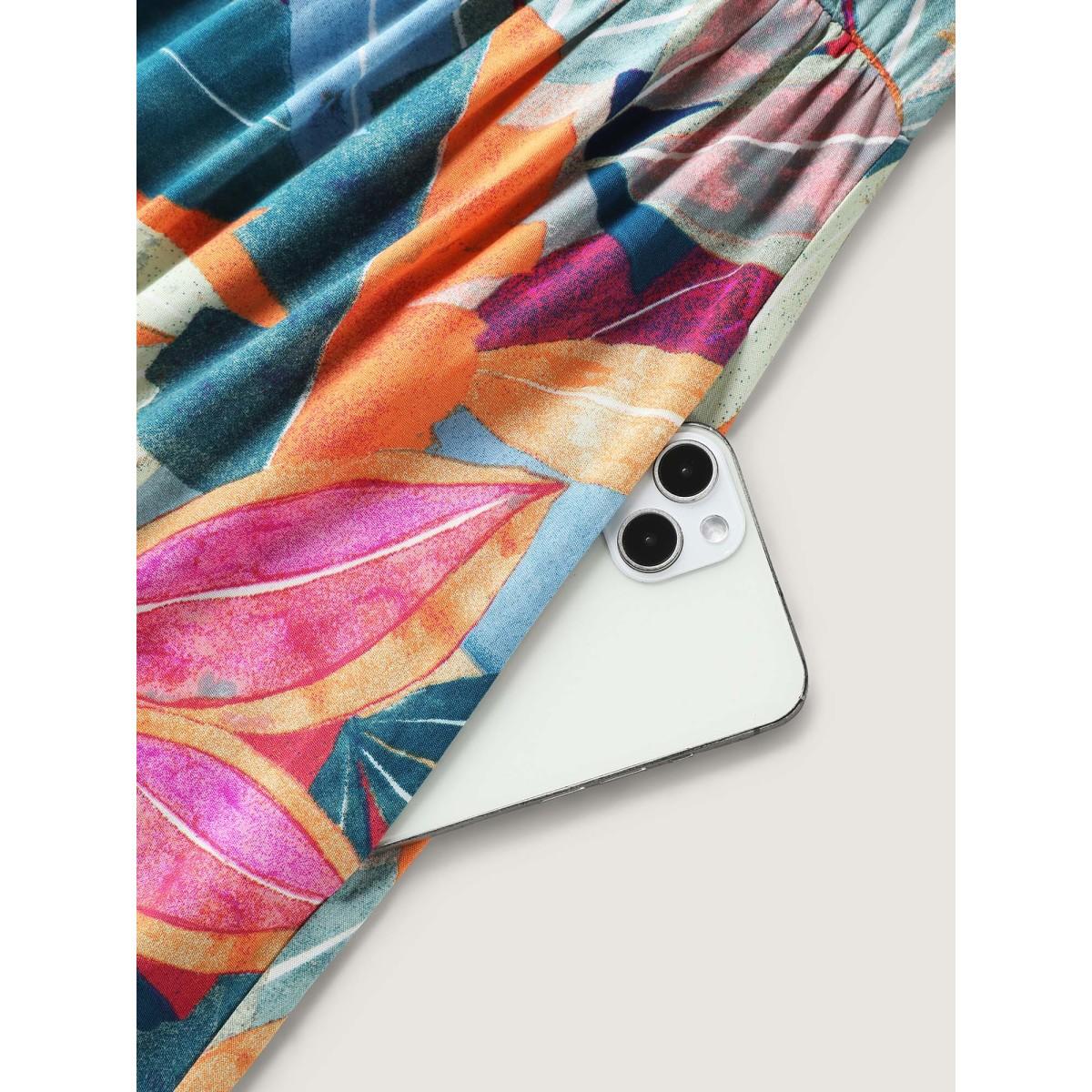 Plus Size Rayon Leafy Print Pockets Midi Dress Teal Women Resort V-neck Short sleeve Curvy BloomChic 10/M Product Image