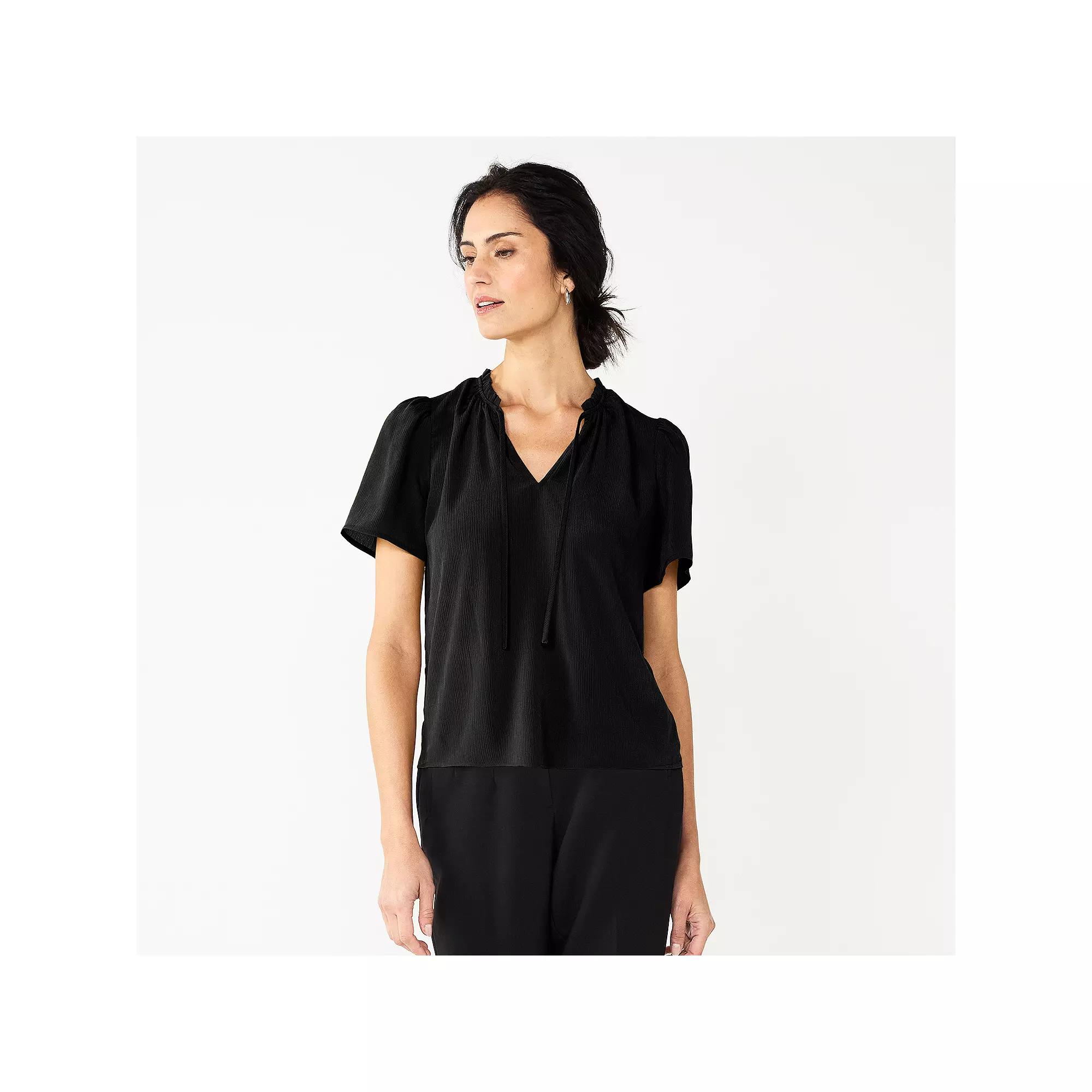 Women's Nine West Tie Front Ruffle Neck Top, Size: XS, Mineral Black Product Image