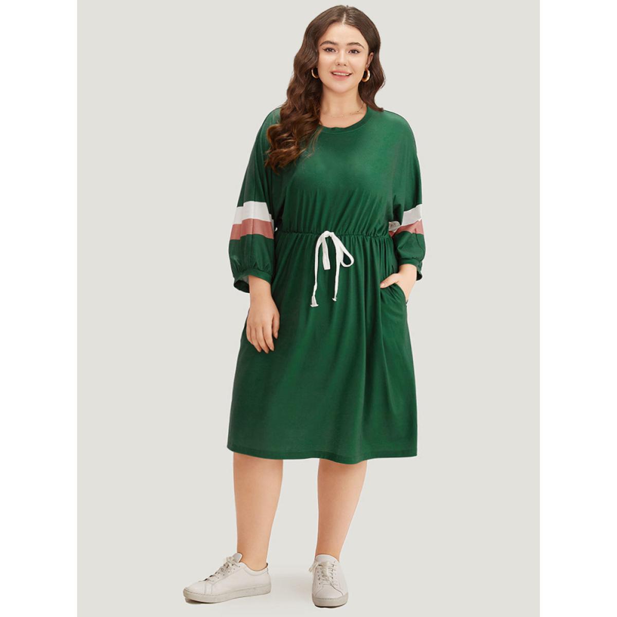 Plus Size Striped Contrast Pocket Bowknot Patchwork Dress DarkGreen Women Casual Cross straps Round Neck Elbow-length sleeve Curvy Midi Dress BloomChic 14-16/1X Product Image