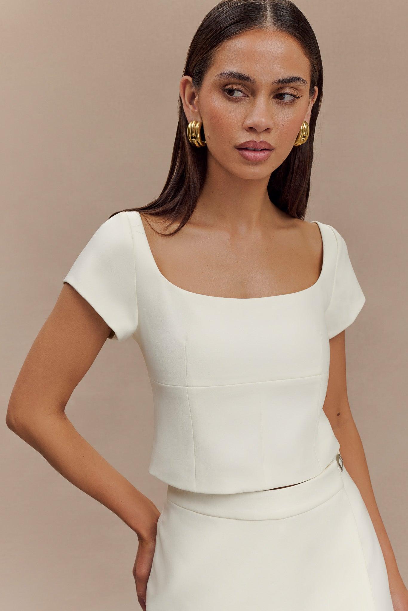 Ellis Cap Sleeve Longline Suiting Top - Ivory Product Image