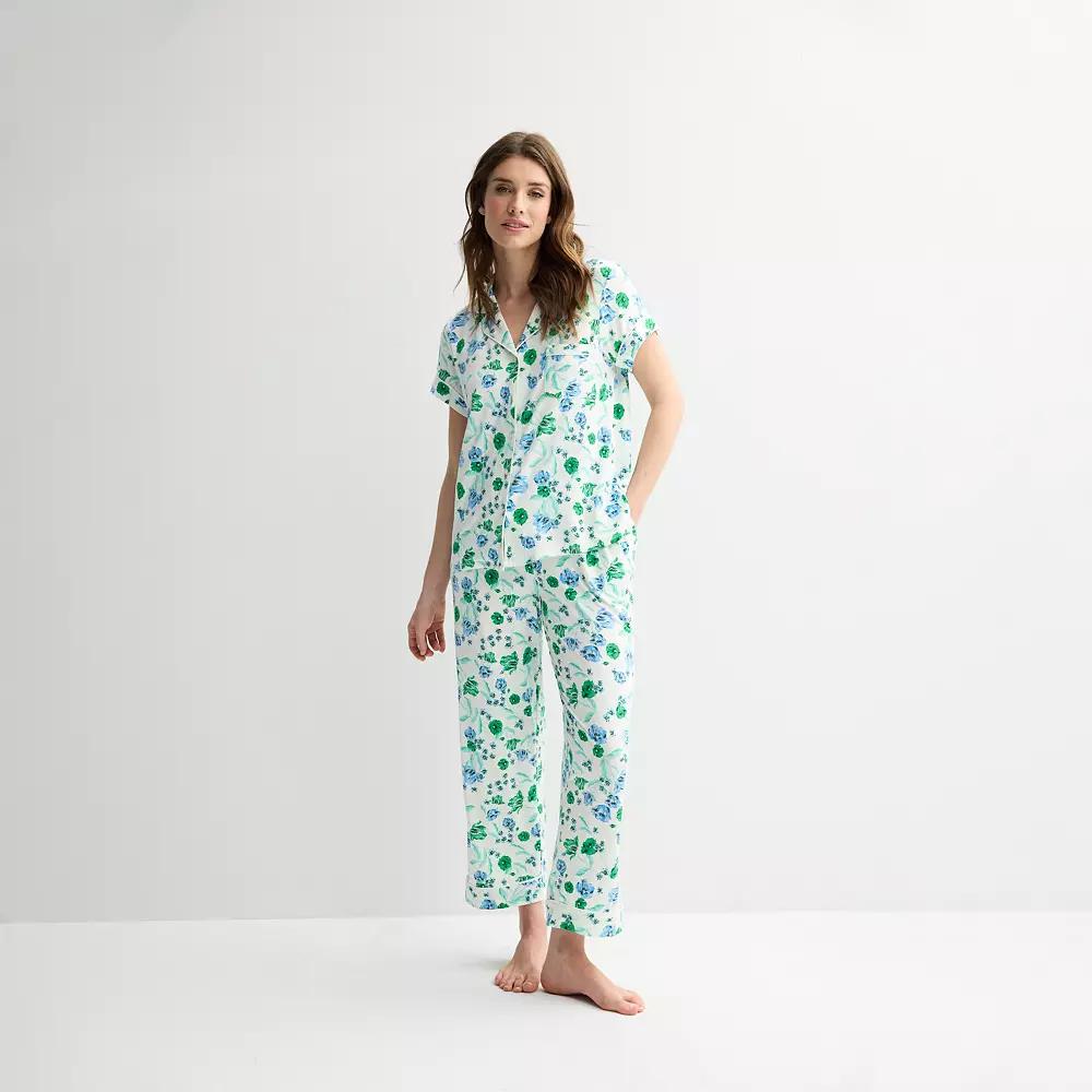 Women's Draper James 2-Piece Printed Cozy Short Sleeve Notch Collar Pajama Top & Pajama Pants Set, Size: XL, Spring Blooms Product Image