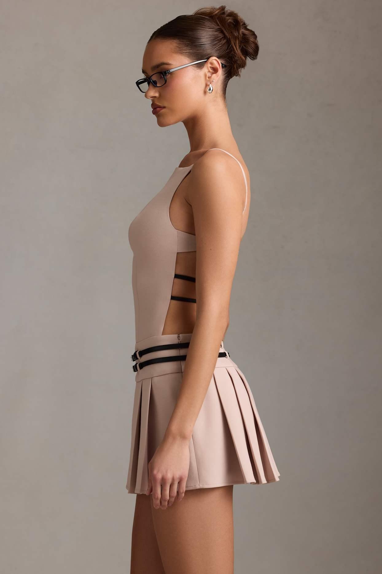 Belted Backless Pleated Mini Dress in Mushroom Product Image