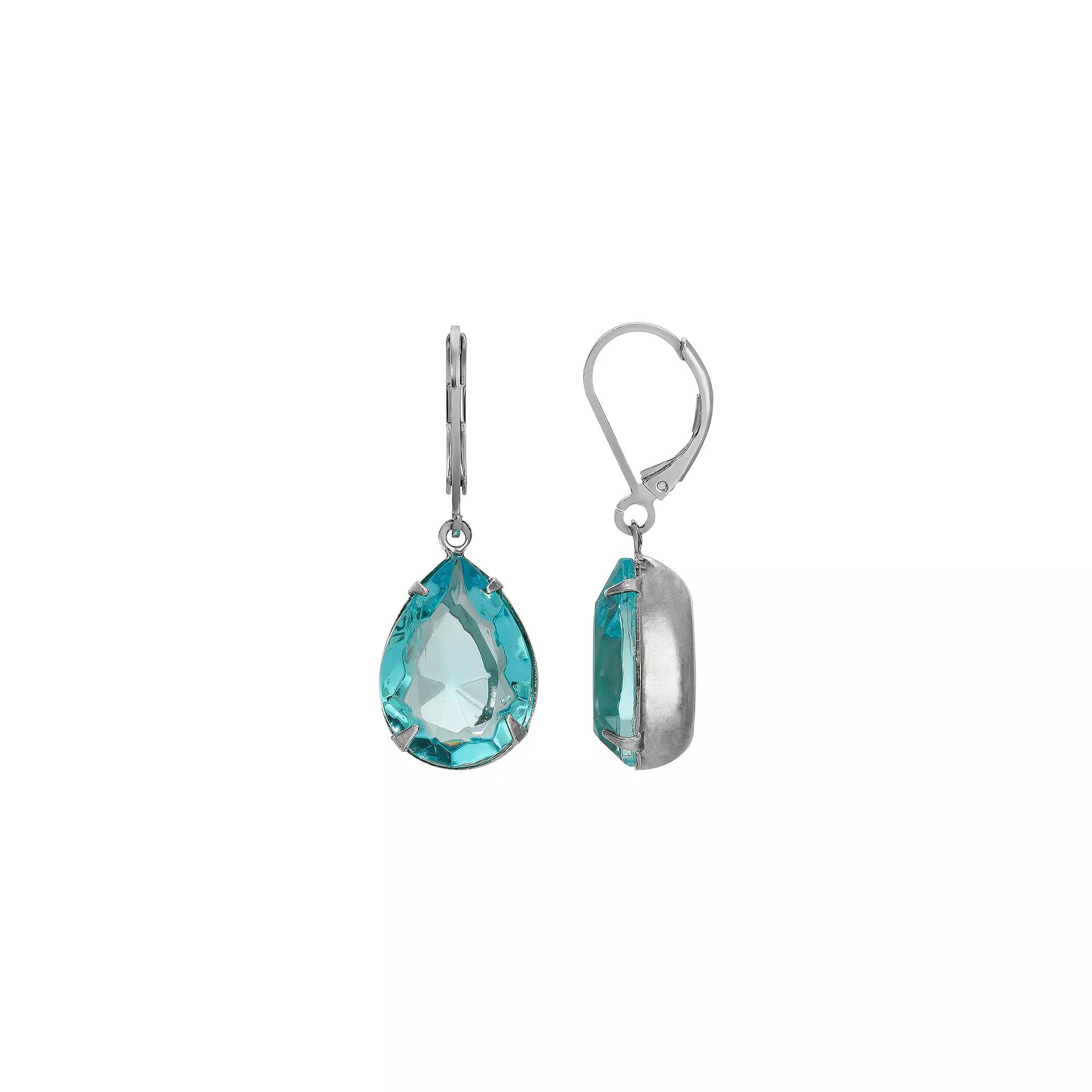 1928 Silver Tone Aqua Blue Crystal Pear Shaped Drop Earrings, Women's Product Image