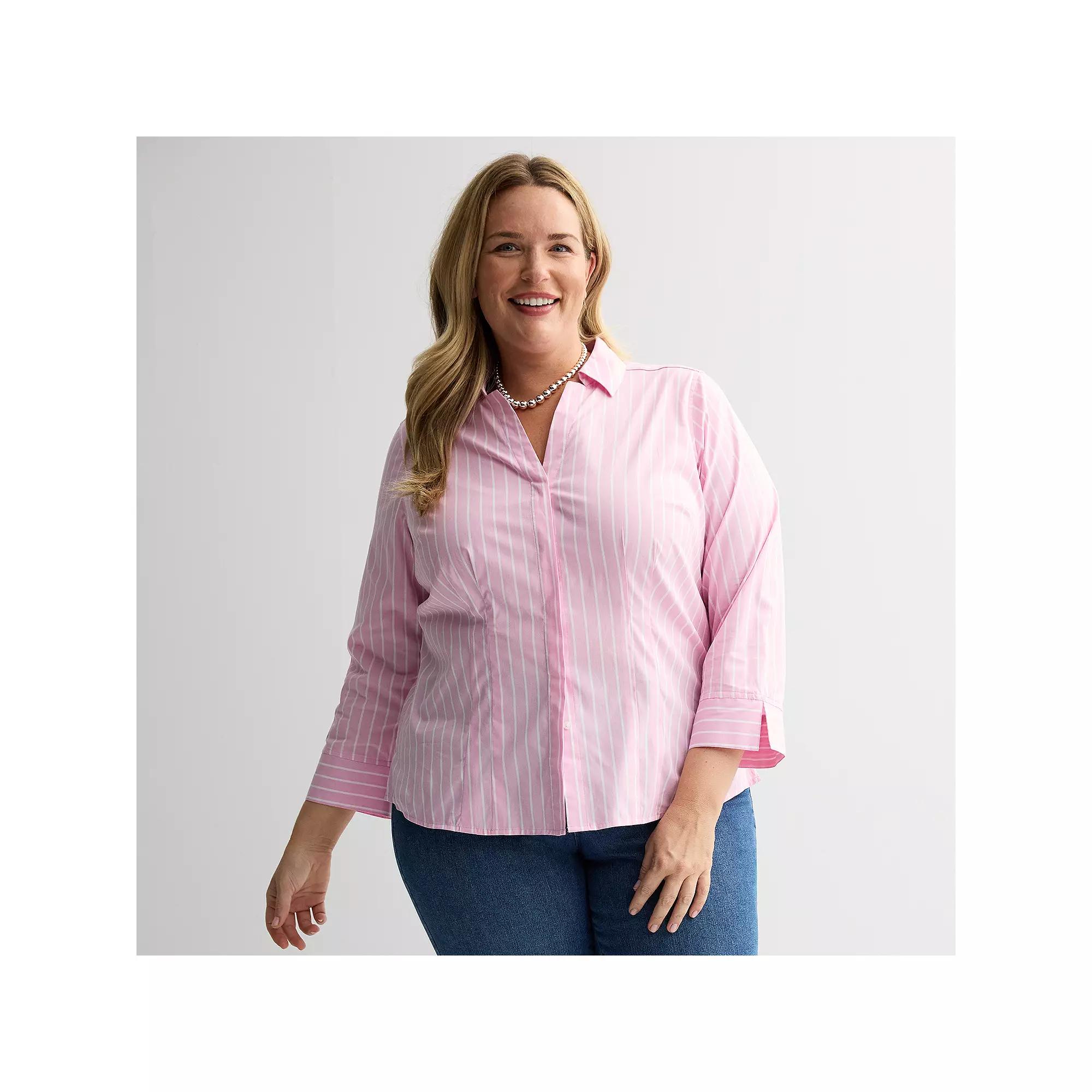 Plus Size Croft & Barrow® Tailored Button Front Shirt, Women's, Size: 1XL, Pink Casual Stripe Product Image