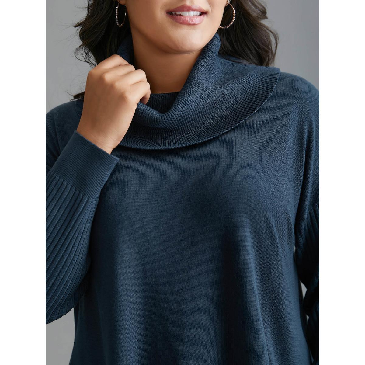 Plus Size Supersoft Essentials Textured Drop Shoulder Turtleneck Pullover Indigo Women Casual Loose Long Sleeve Turtleneck Everyday Pullovers BloomChic 14-16/1X Product Image