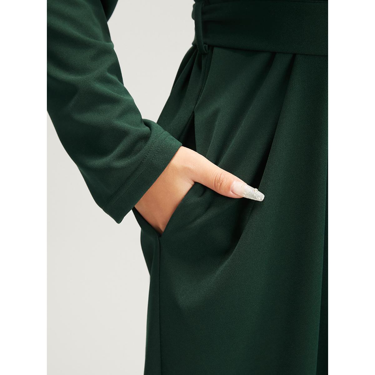 Plus Size Solid Pocket Laser Cut Asymmetrical Hem Belted Dress DarkGreen Women Casual Belted Round Neck Long Sleeve Curvy Midi Dress BloomChic 18-20/2X Product Image