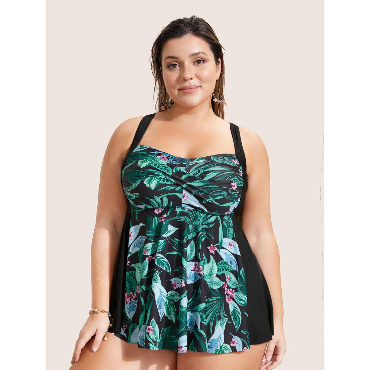 Plus Size Tropical Print Crossover Swim Top Women's Swimwear Multicolor Beach Twist High stretch Bodycon Heart neckline Curve Swim Tops BloomChic 18-20/2X Product Image