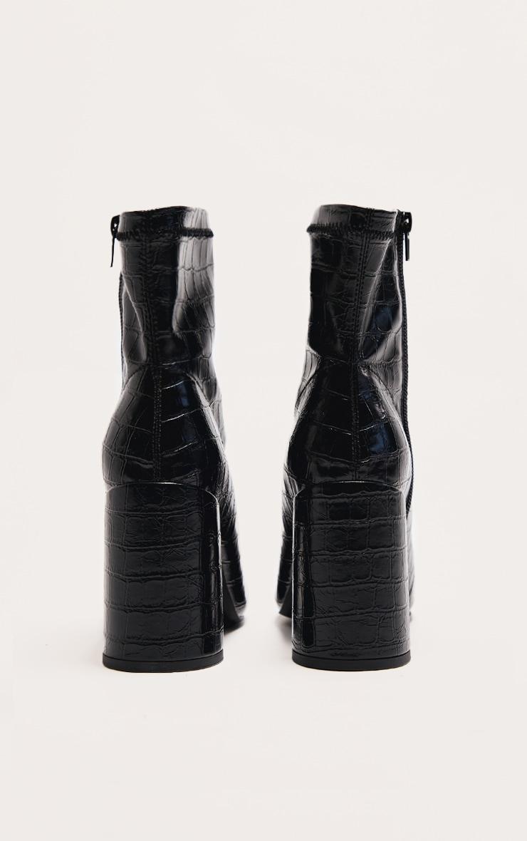 Black Croc Pu Round Toe Heeled Ankle Sock Boots Product Image