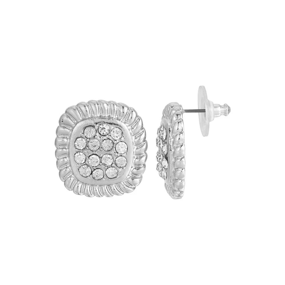 1928 Silver Tone Crystal Square Pave Button Stud Earrings, Womens, White Product Image