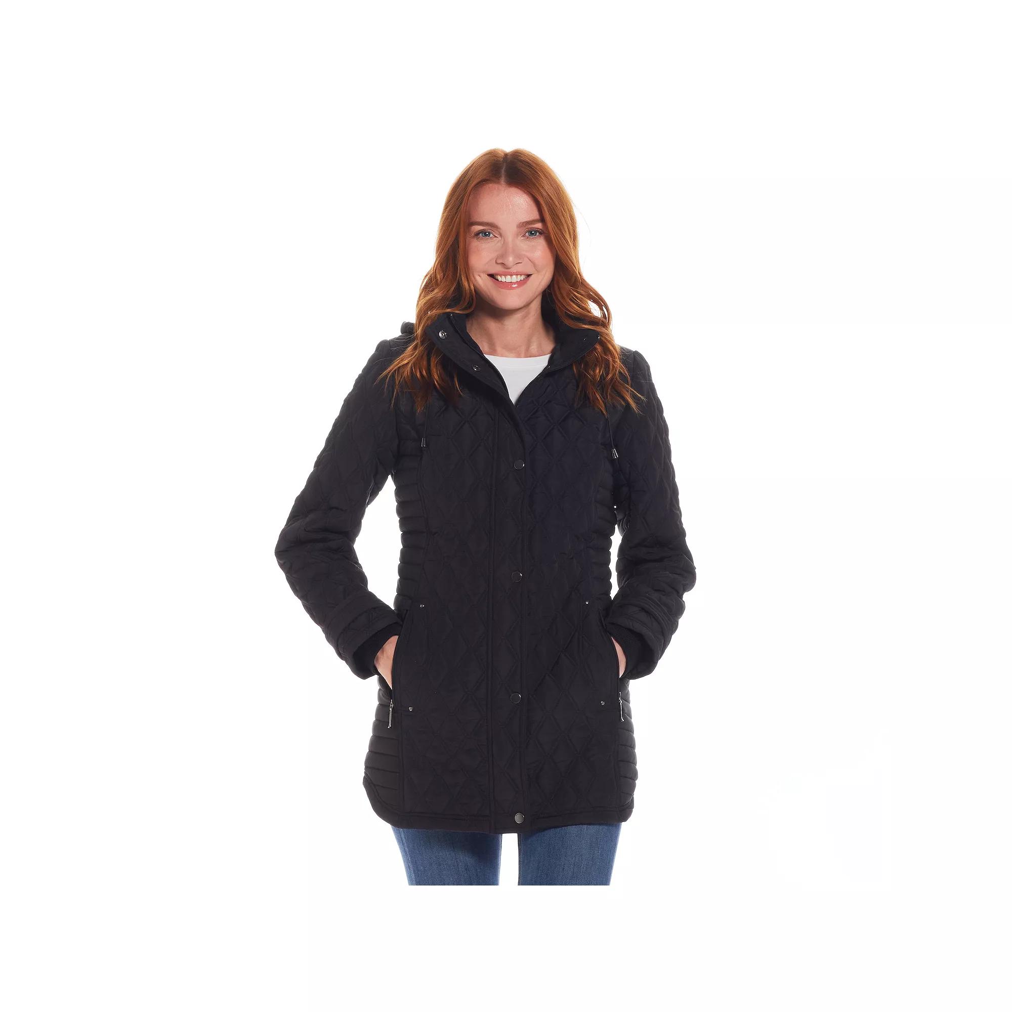 Women's Weathercast Ribbed Knit Quilted Hooded Walker Jacket, Size: Small, Black Product Image