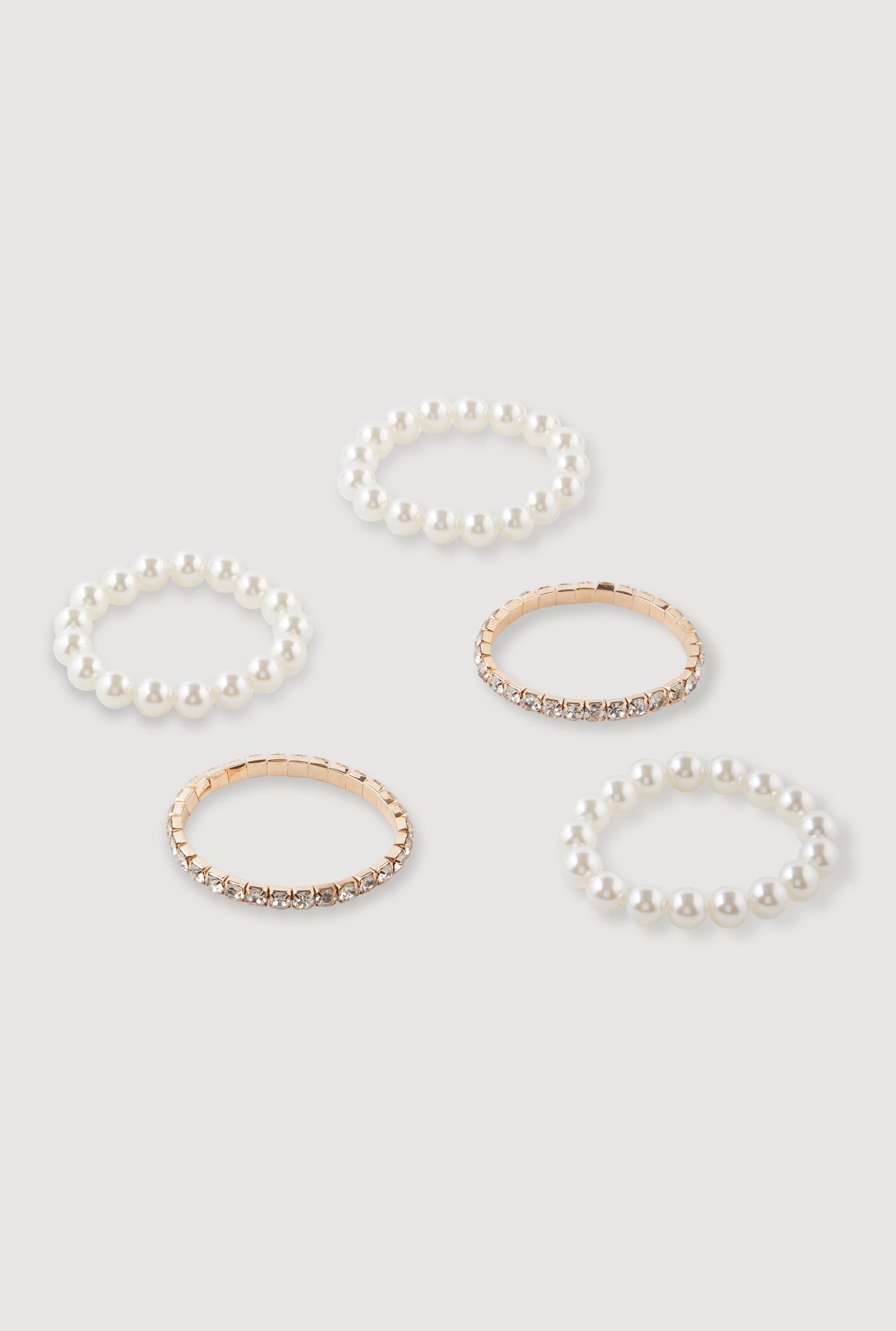 Faux Pearl and Rhinestone Stretch Bracelets Set of 5 Female Product Image