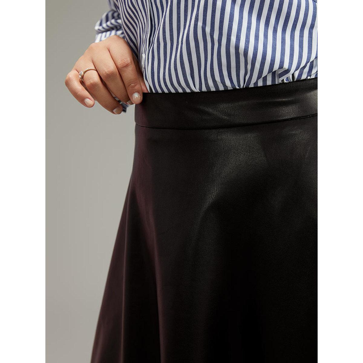 Plus Size Solid PU Cropped Ruffle Hem Skirt Women Black Office A-line No stretch Work Skirts BloomChic 28/5X Product Image