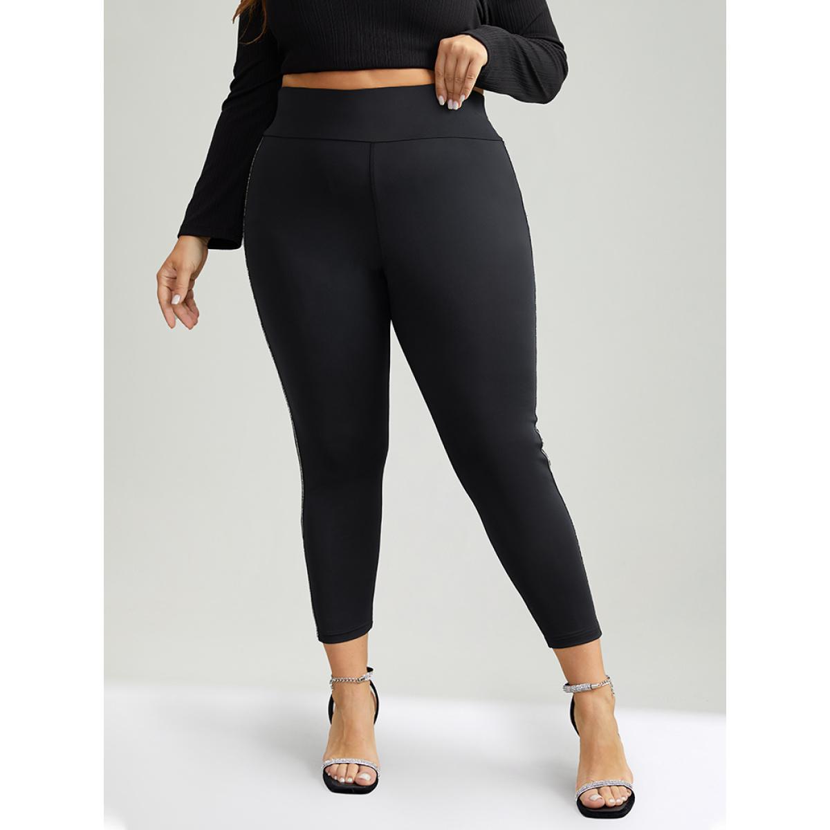 Plus Size Metal Chain Trim Mid Rise Leggings Women Black Casual Medium stretch Skinny Mid Rise Festival-Christmas Leggings BloomChic 10/M Product Image