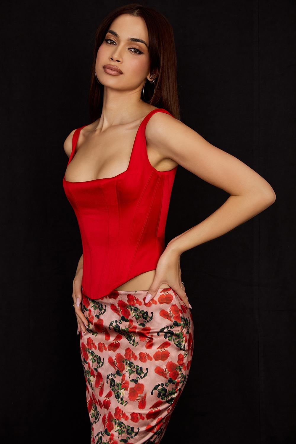 Rafa  scarlet satin longline corset Product Image