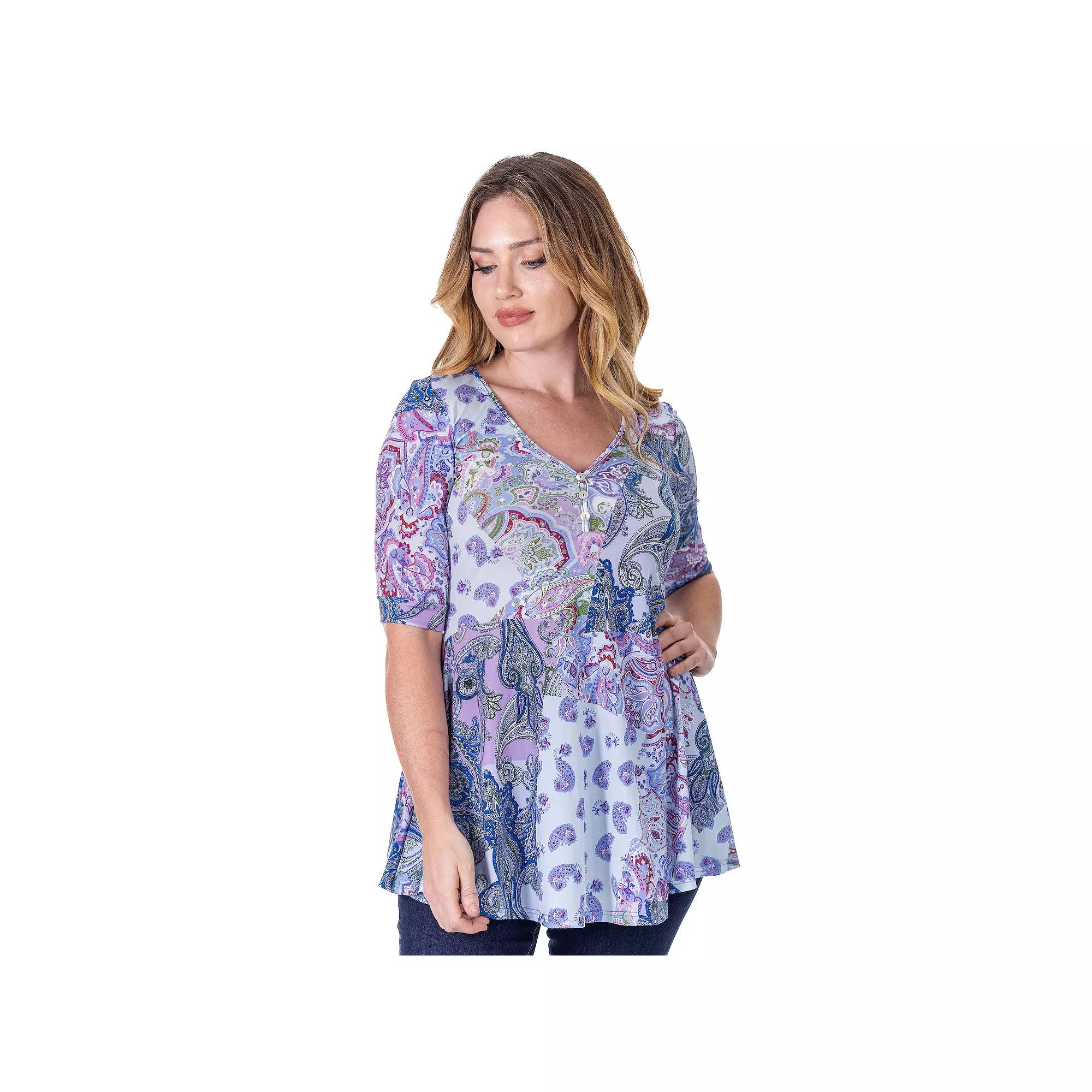 Women's 24seven Comfort Apparel Paisley Print V Neck Henley Tunic Top, Size: Medium, Purple Team Product Image