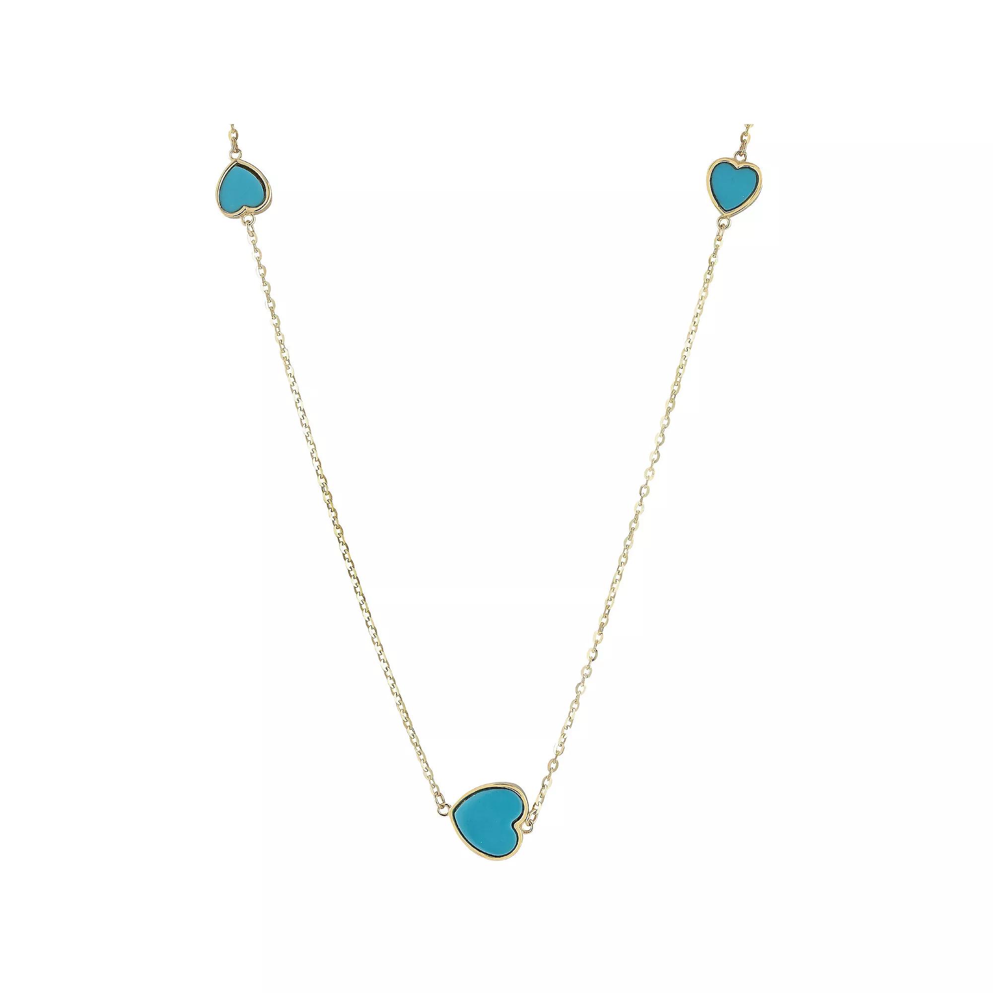 LUMINOR GOLD 14k Gold Gemstone 3-Heart Station Necklace, Women's, Size: 18", Turquoise Product Image