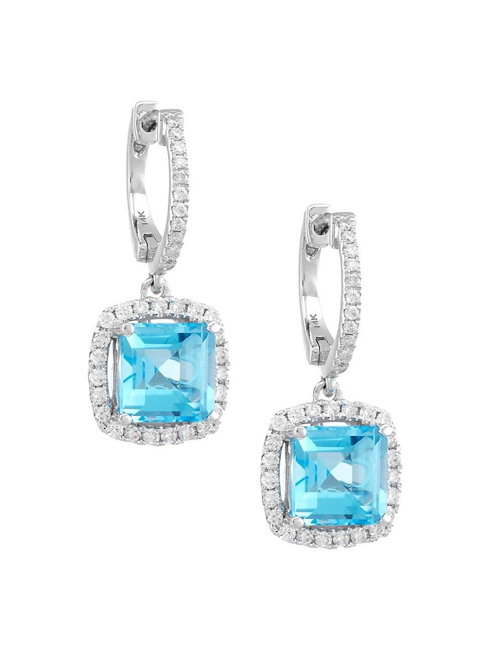 Womens 14K White Gold, Diamond & Blue Topaz Drop Earrings Product Image