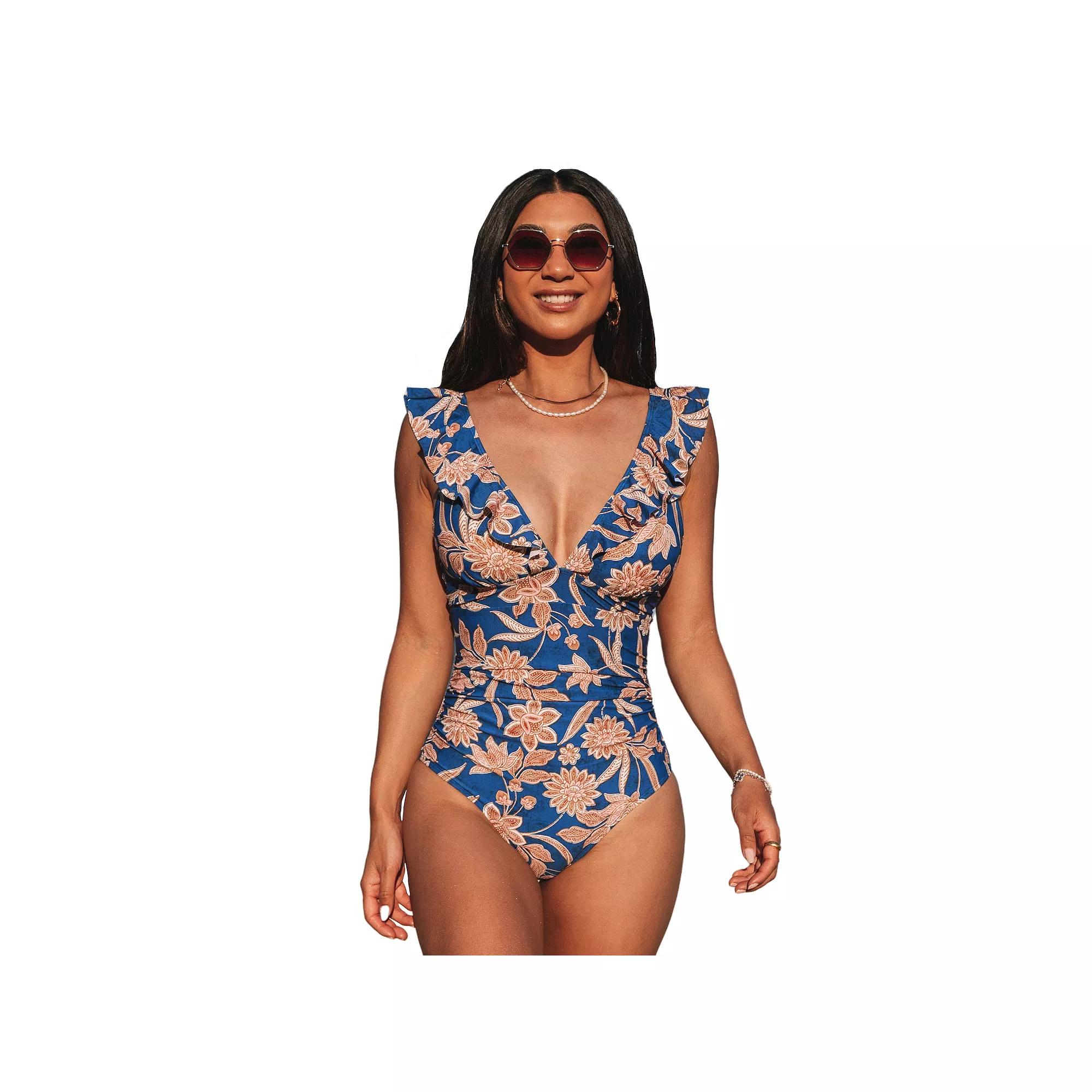 Women's Cupshe Floral Tummy Control Ruffled One-Piece Swimsuit,  Product Image