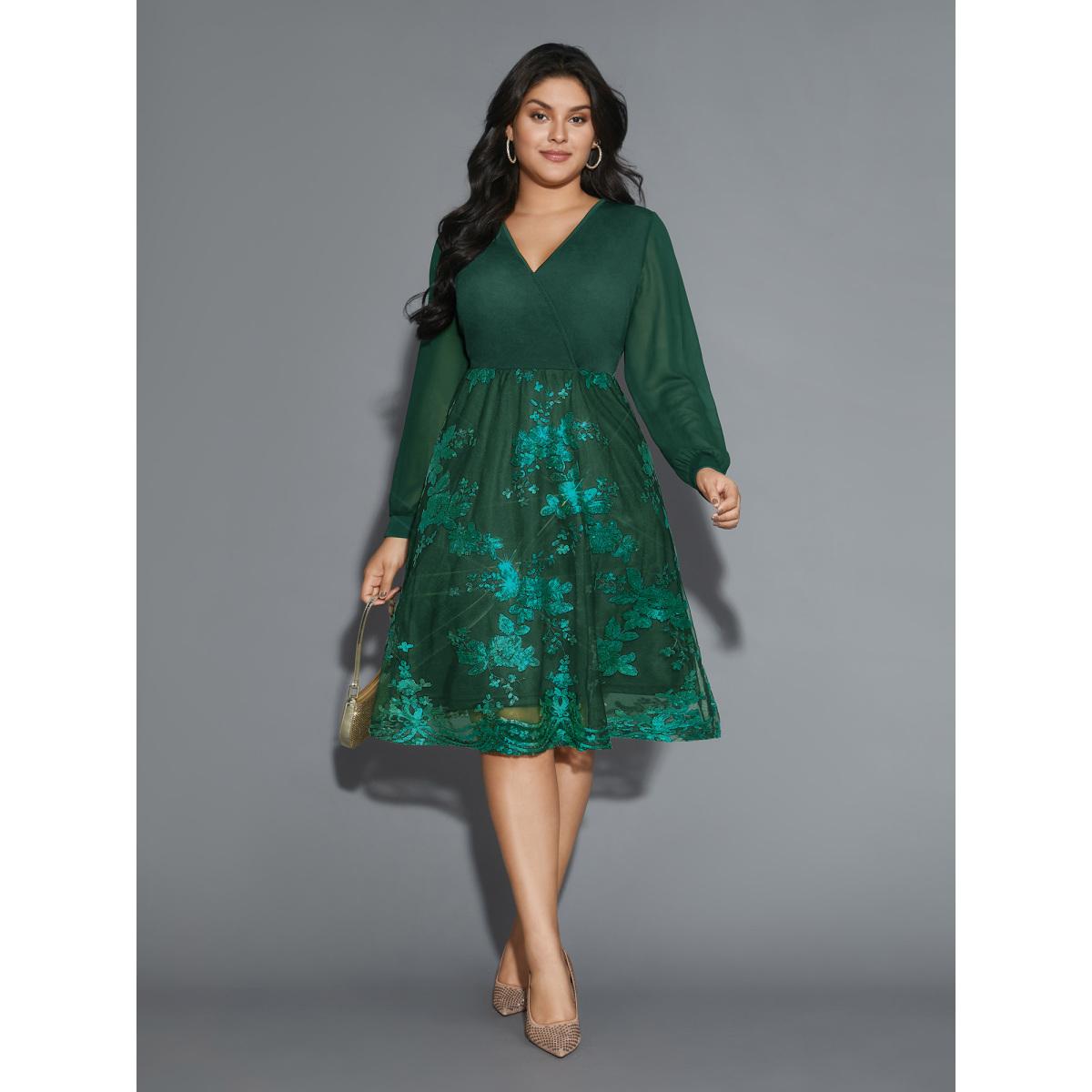 Plus Size Sequin Overlap Collar Sheer Sleeve Lined Dress DarkGreen Women Party&Cocktail Texture Party Curvy Bloomchic 26/4X Product Image