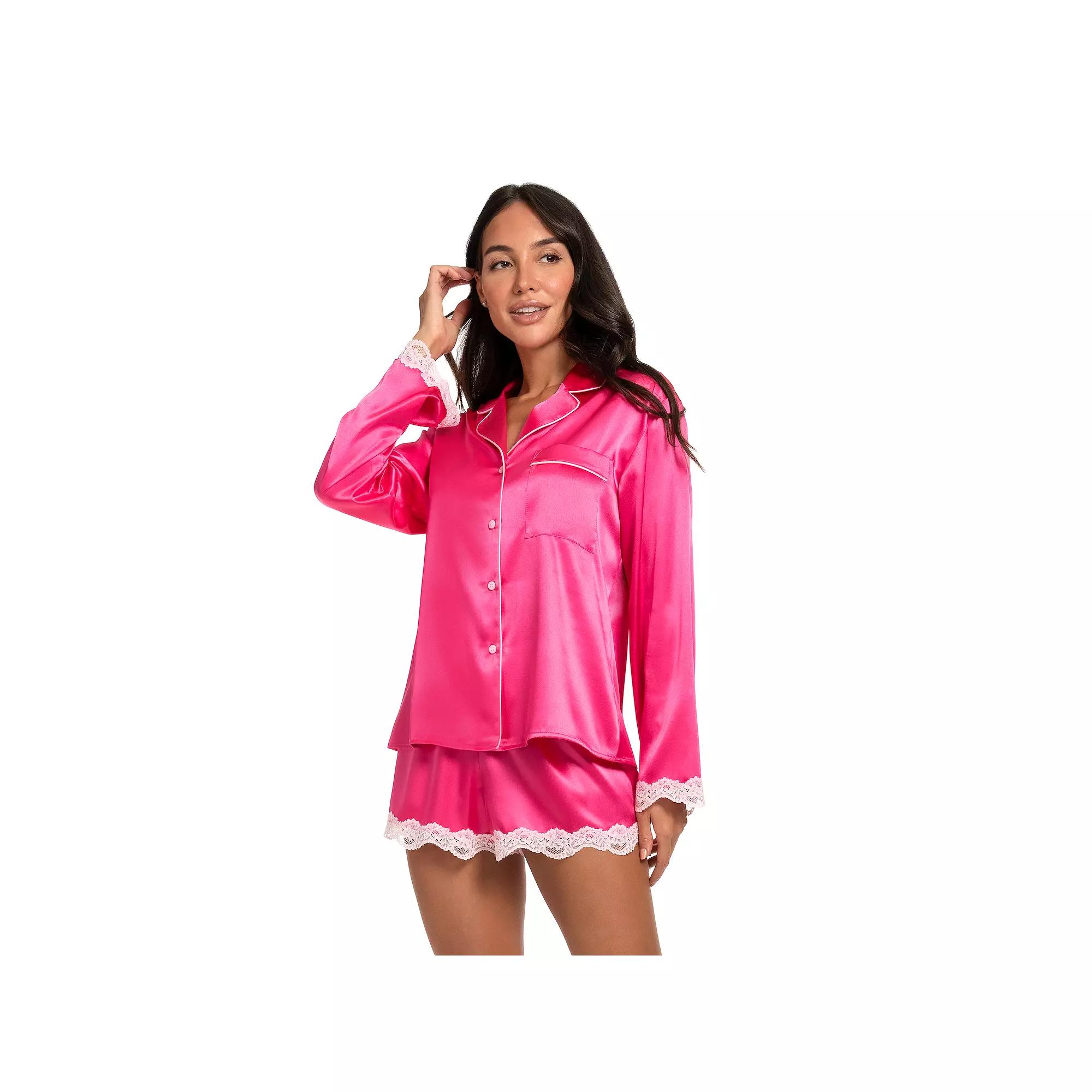 Women's Lilac+London 2-Piece Long Sleeve Pajama Top & Pajama Shorts Set, Size: Small, Solid Pink Product Image