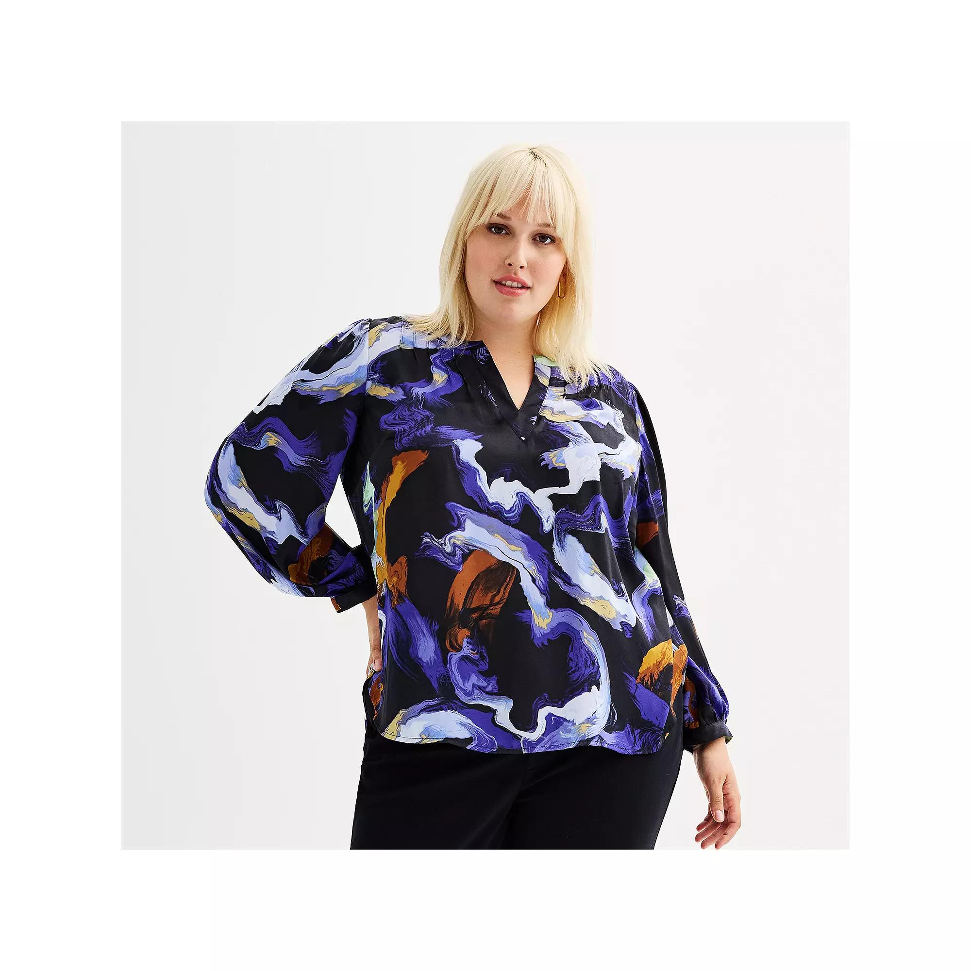 Plus Size Nine West Y-Neck Pintuck Satin Blouse, Women's, Size: 5XL, Blue Team Marble Product Image