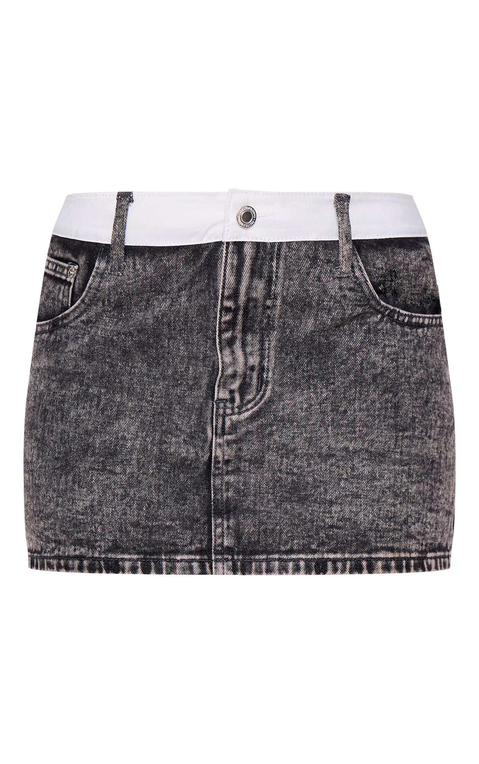 Petite Washed Grey Contrast Waistband Denim Mini Skirt Product Image