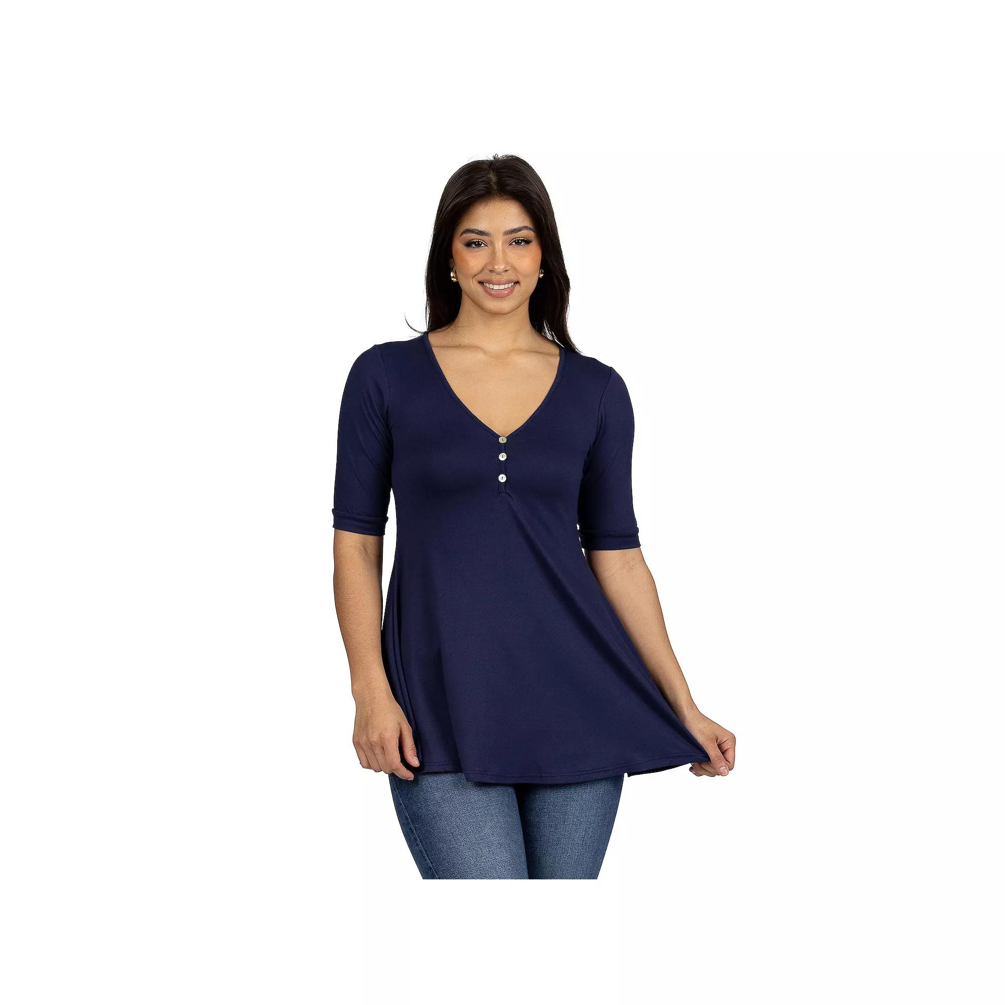 Women's 24seven Comfort Apparel Short Sleeve Tunic Top with Button Detail,  Product Image