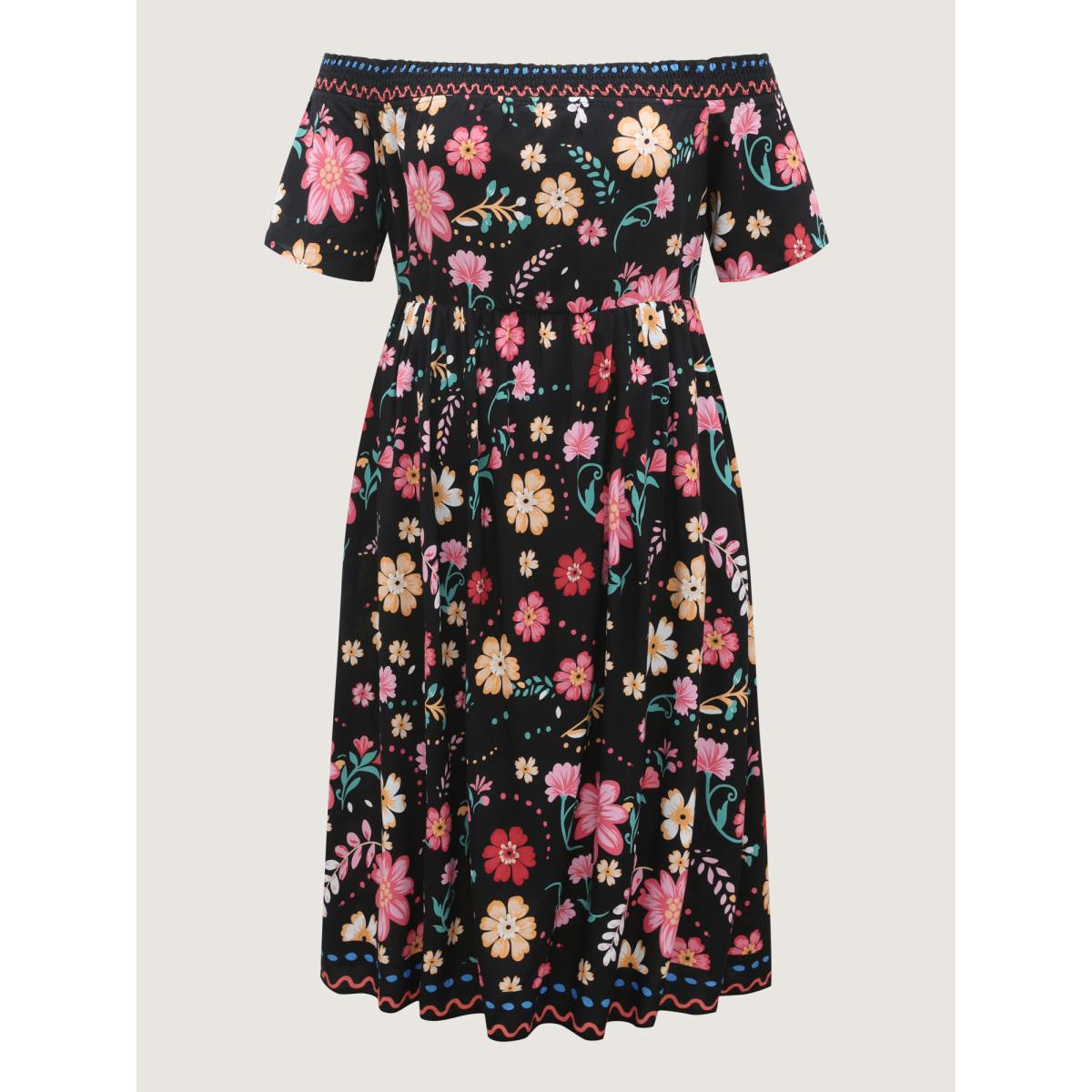 Plus Size Rayon Floral Shirred Off-Shoulder Midi Dress Black Women One-shoulder neck Short sleeve Curvy BloomChic 30/6X Product Image