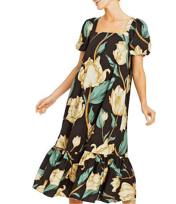 Mestiza New York Jasmine Linen Floral Print Square Neck Puff Sleeve Midi A-Line Dress Product Image