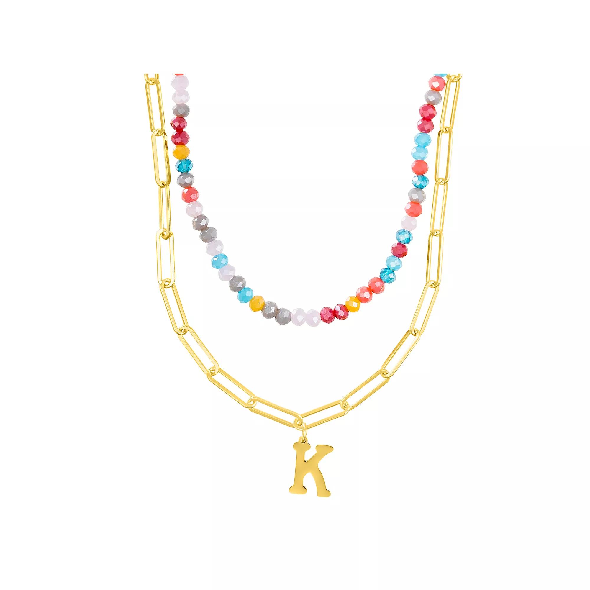 Adornia Gold Tone Adjustable Layered Color Simulated Stone Beads & Paperclip Chain Initial Necklace, Women's, Size: 15-18" ADJ, Gold Tone K Product Image