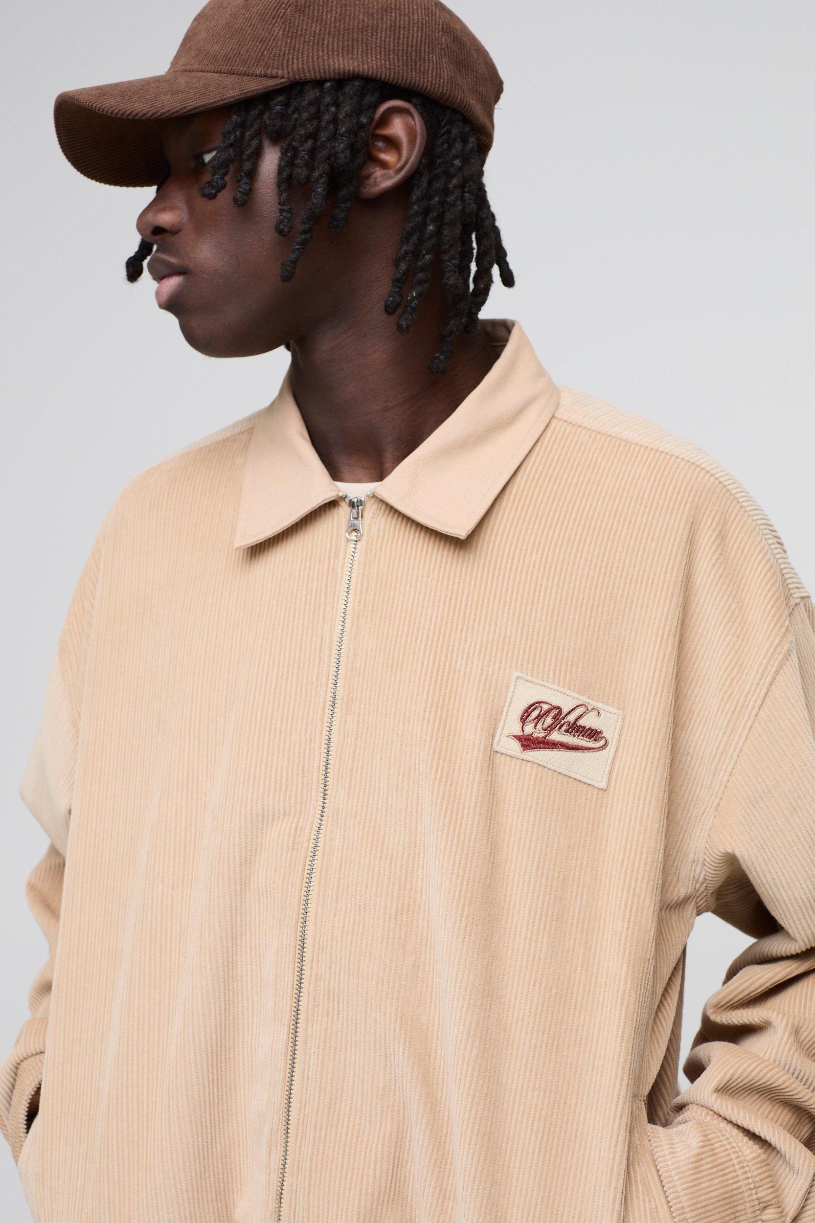 Oversized Boxy Varsity Badge Corduroy Bomber Jacket | boohooMAN USA Product Image