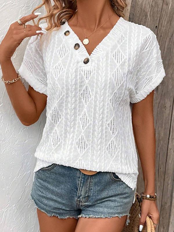 Loose Short Sleeves Buttoned Solid Color V-Neck T-Shirts Tops Product Image