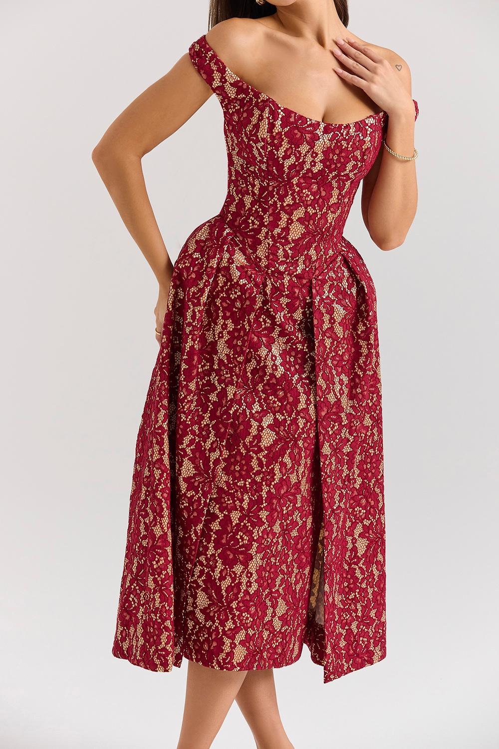 Charming  gold and berry lace midi off shoulder dress Product Image