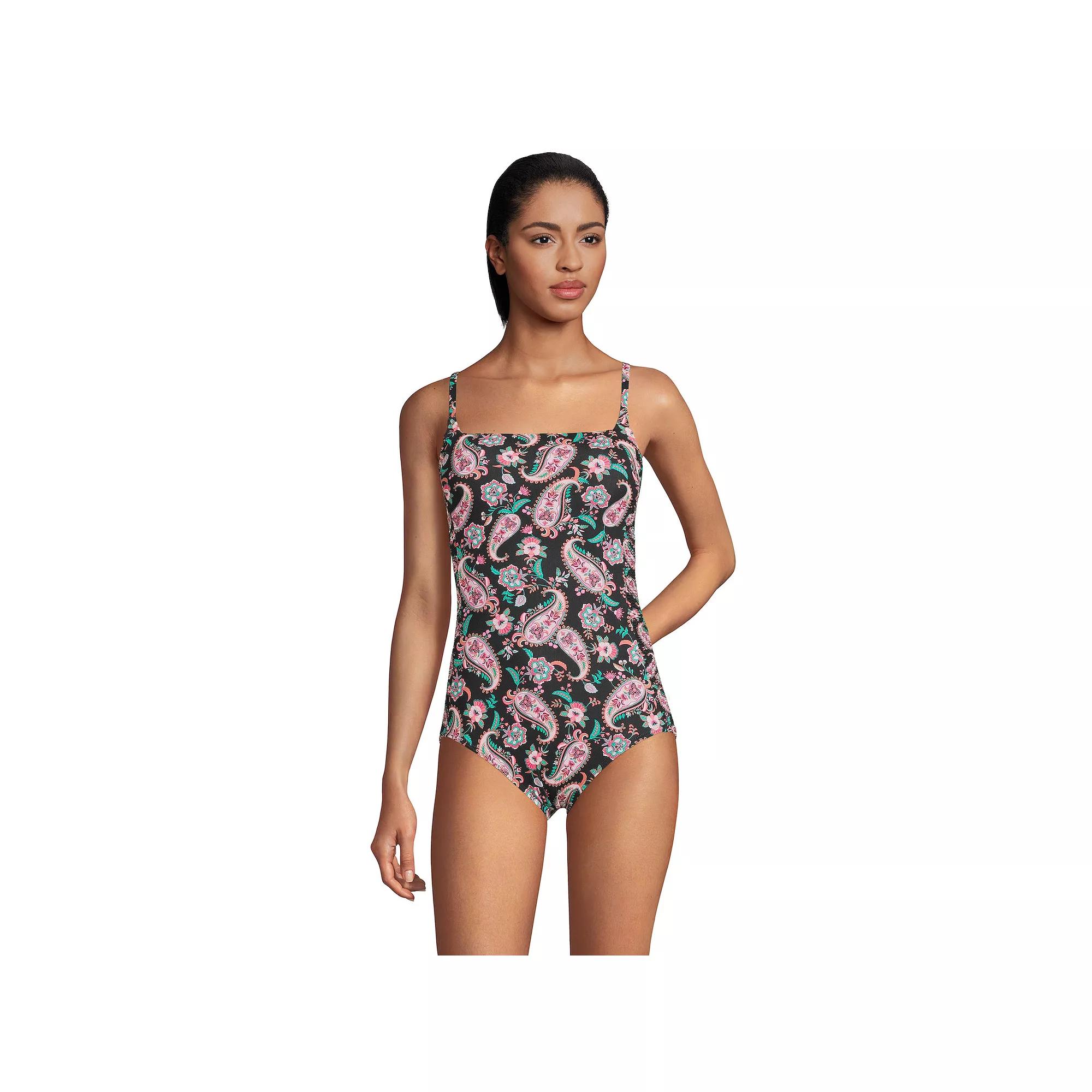 Women's Lands' End Smocked Square Neck UPF 50 One-Piece Swimsuit, Size: Small, Black Paisley Floral Product Image