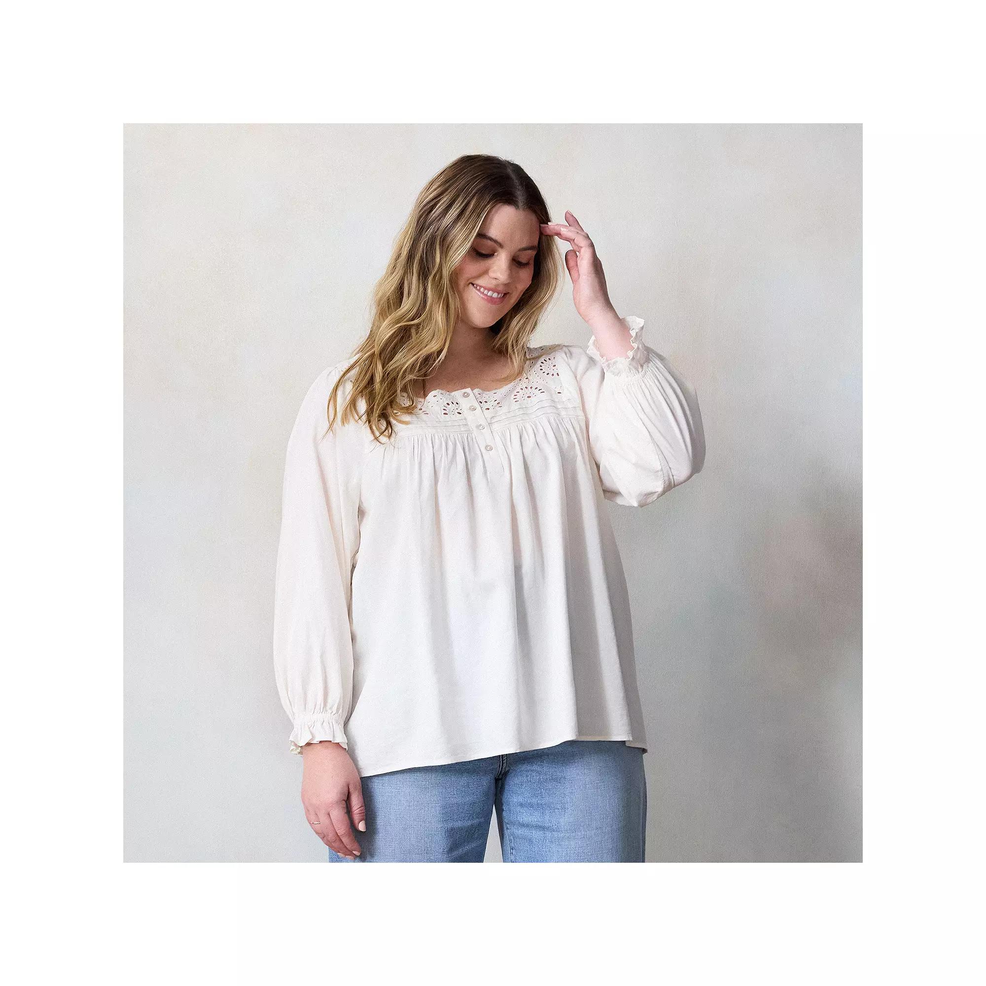 Plus Size LC Lauren Conrad Henley Square Neck Peasant Top, Women's, Size: 4XL, Ivory Silk Product Image