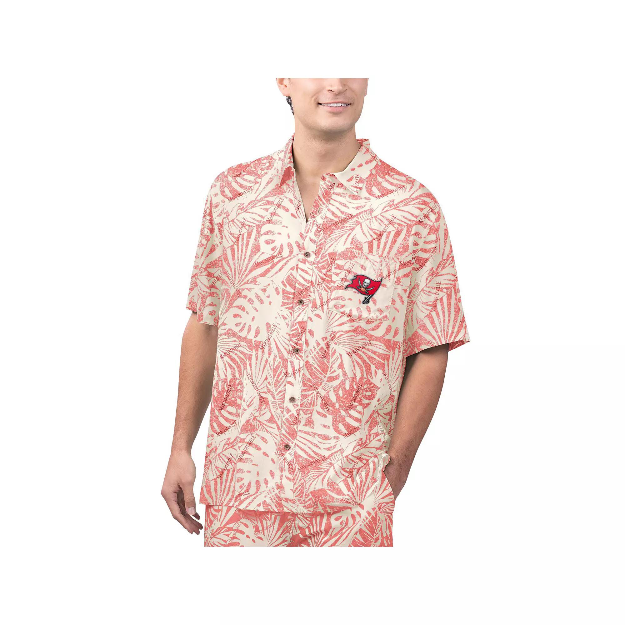Men's Margaritaville Tan Tampa Bay Buccaneers Sand Washed Monstera Print Party Button-Up Shirt, Size: 3XL, Team Product Image