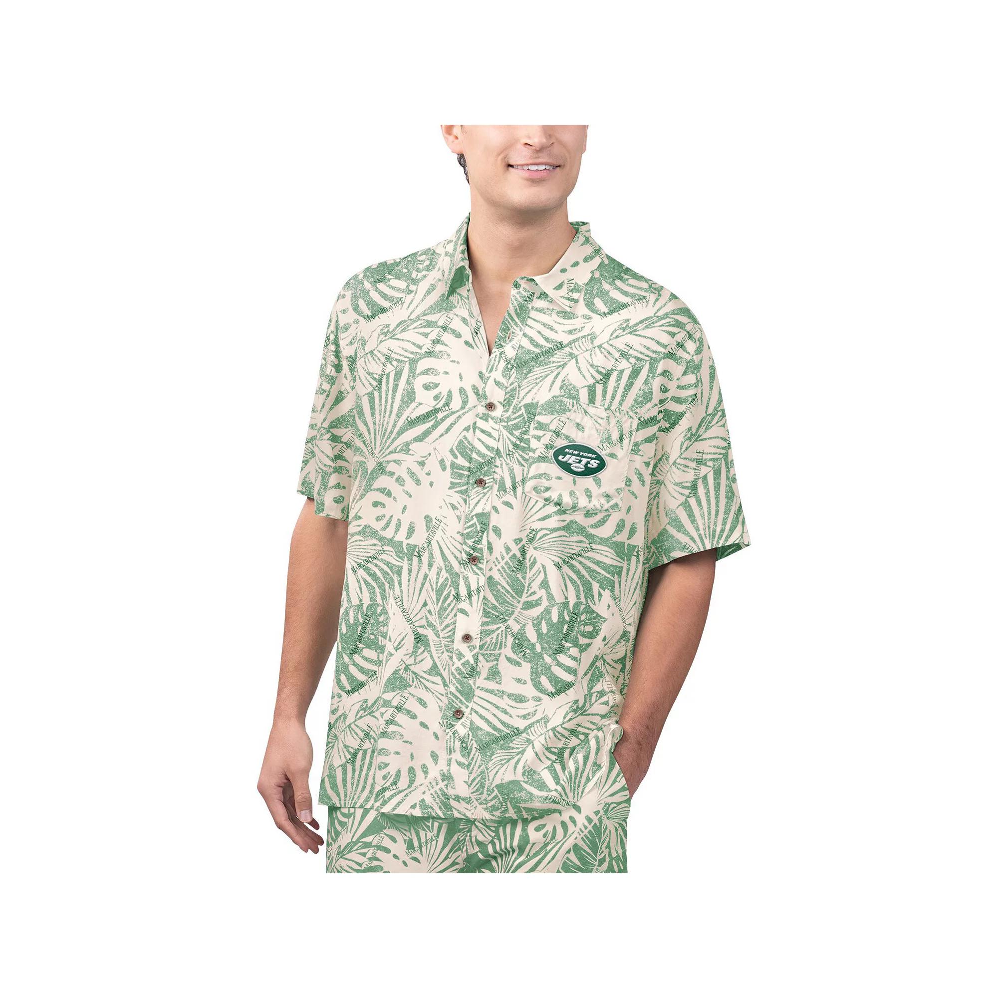Men's Margaritaville Tan New York Jets Sand Washed Monstera Print Party Button-Up Shirt, Size: Large, Team Product Image