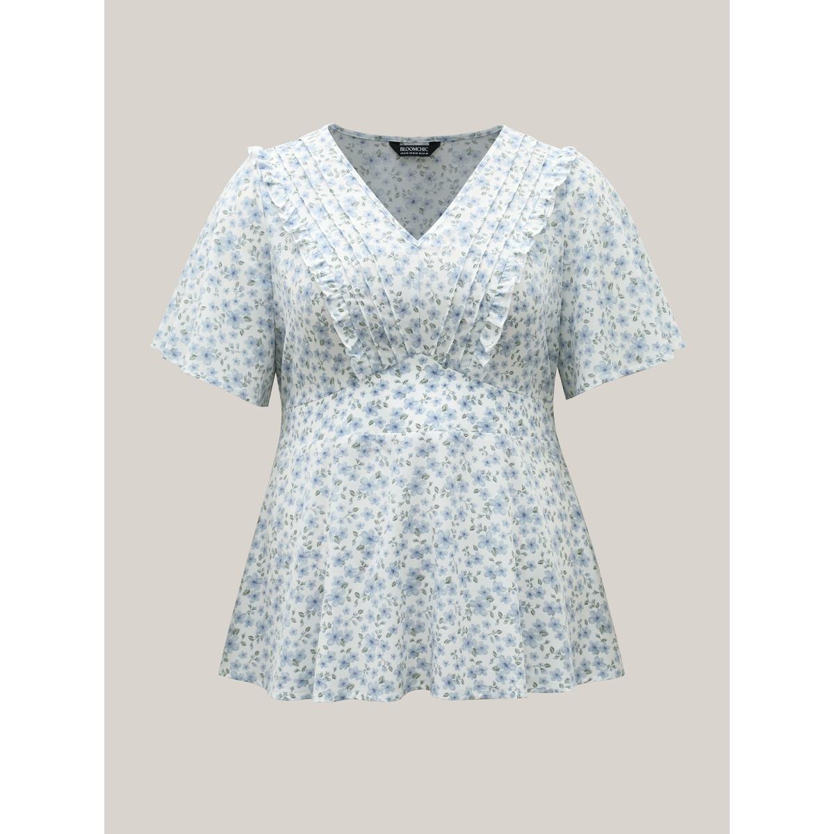 Plus Size LightBlue Floral Ruffled Pintucks Flared Sleeve Shirt Women Elegant Short sleeve V-neck Everyday Blouses BloomChic 18-20/2X Product Image